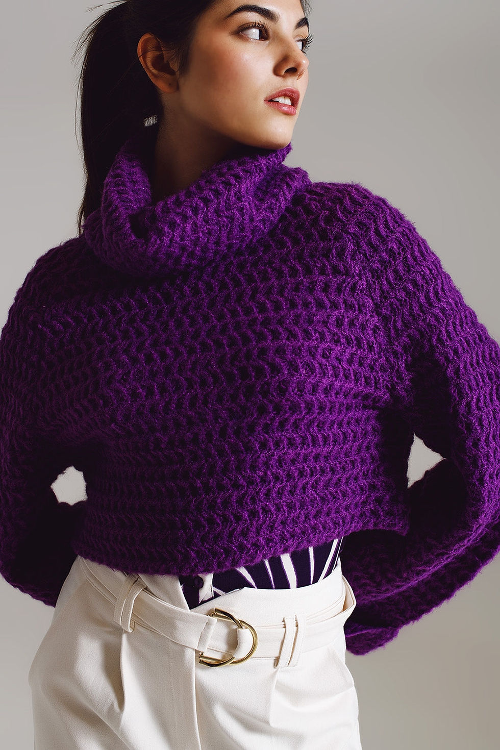Thumbnail: ♀️ Waffle Knit Trendy Jumper with Turtleneck & Rolled Cuffs in Purple