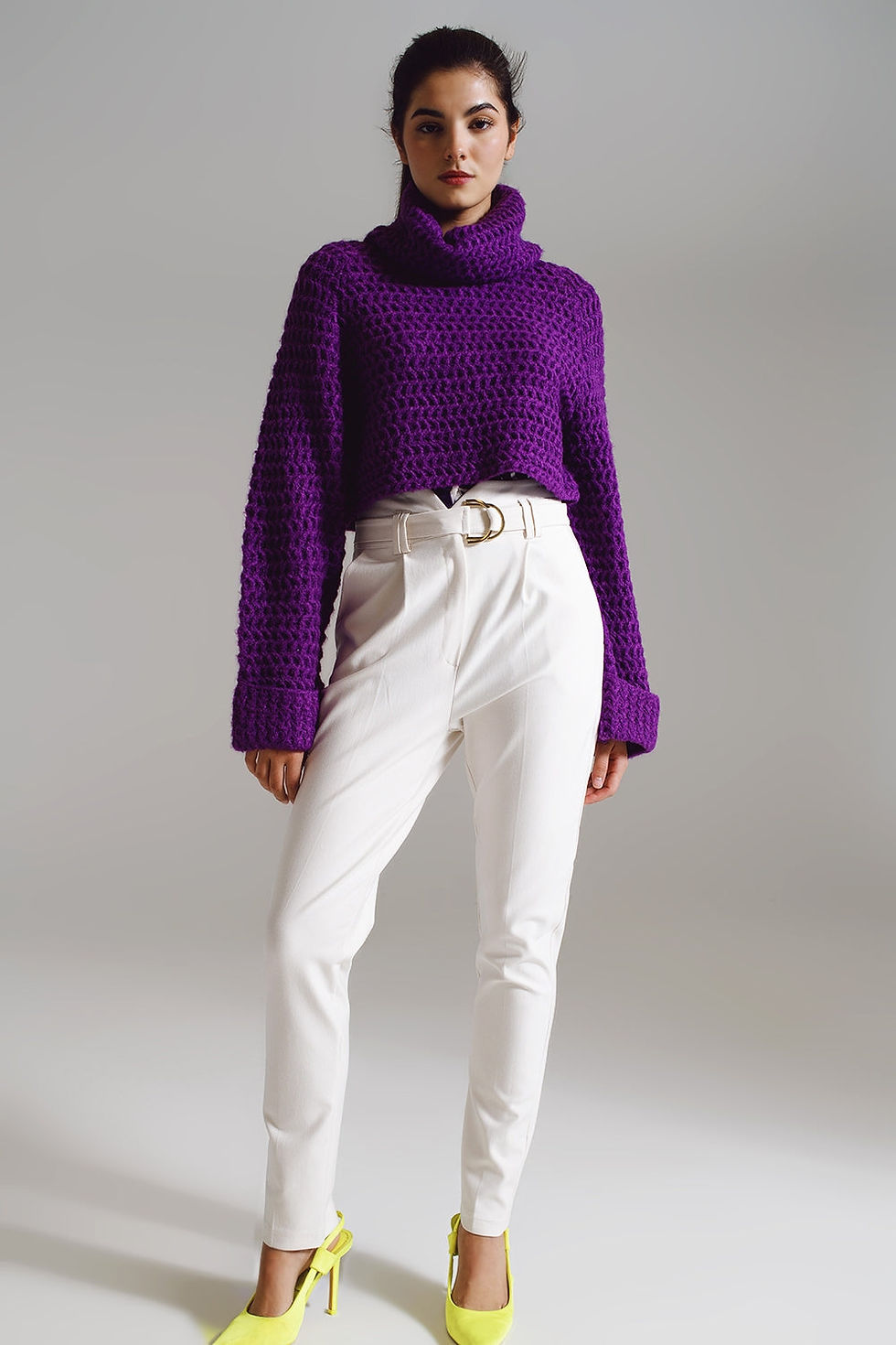 Thumbnail: ♀️ Waffle Knit Trendy Jumper with Turtleneck & Rolled Cuffs in Purple