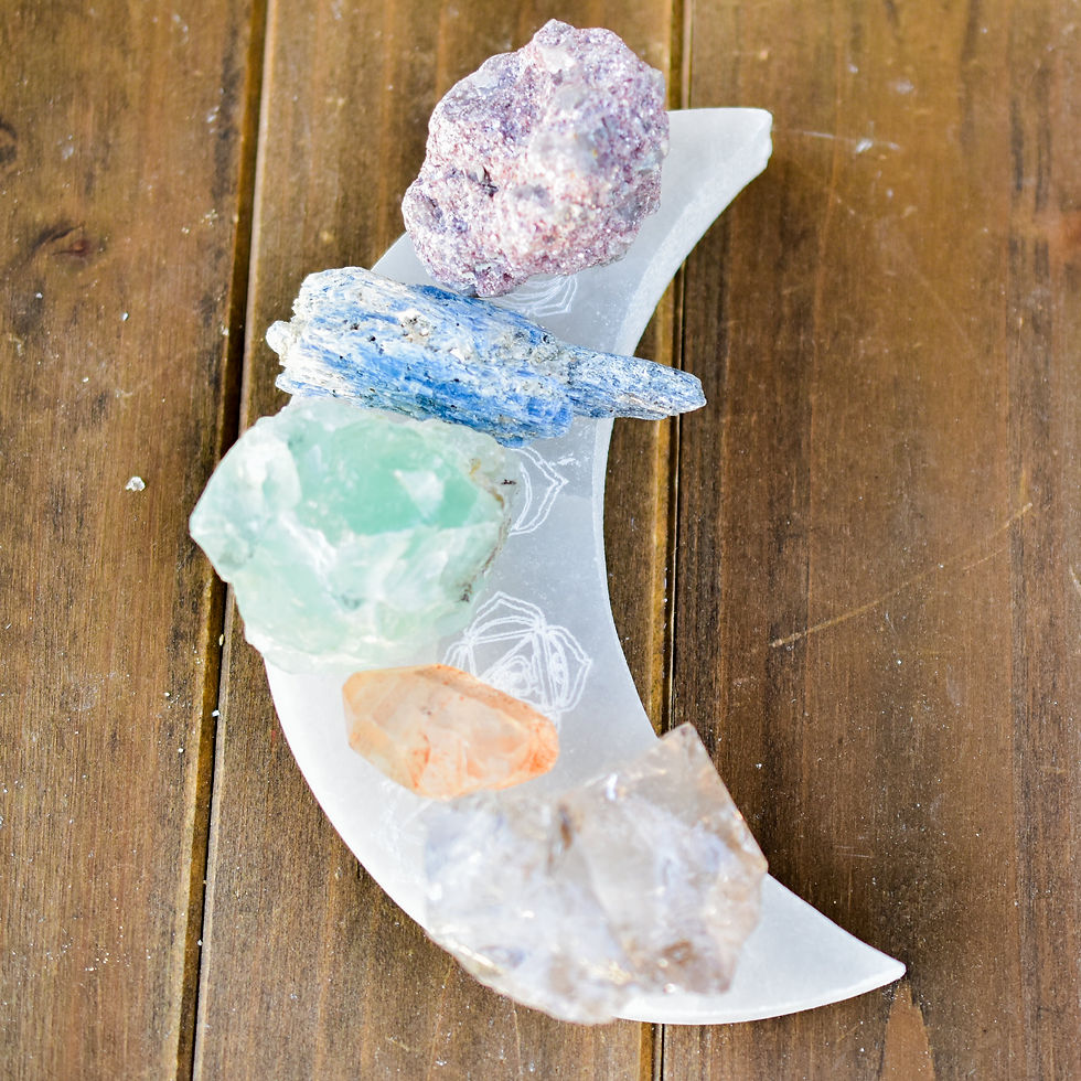 Thumbnail: Selenite Crescent Moon Plate with Chakra Engravings