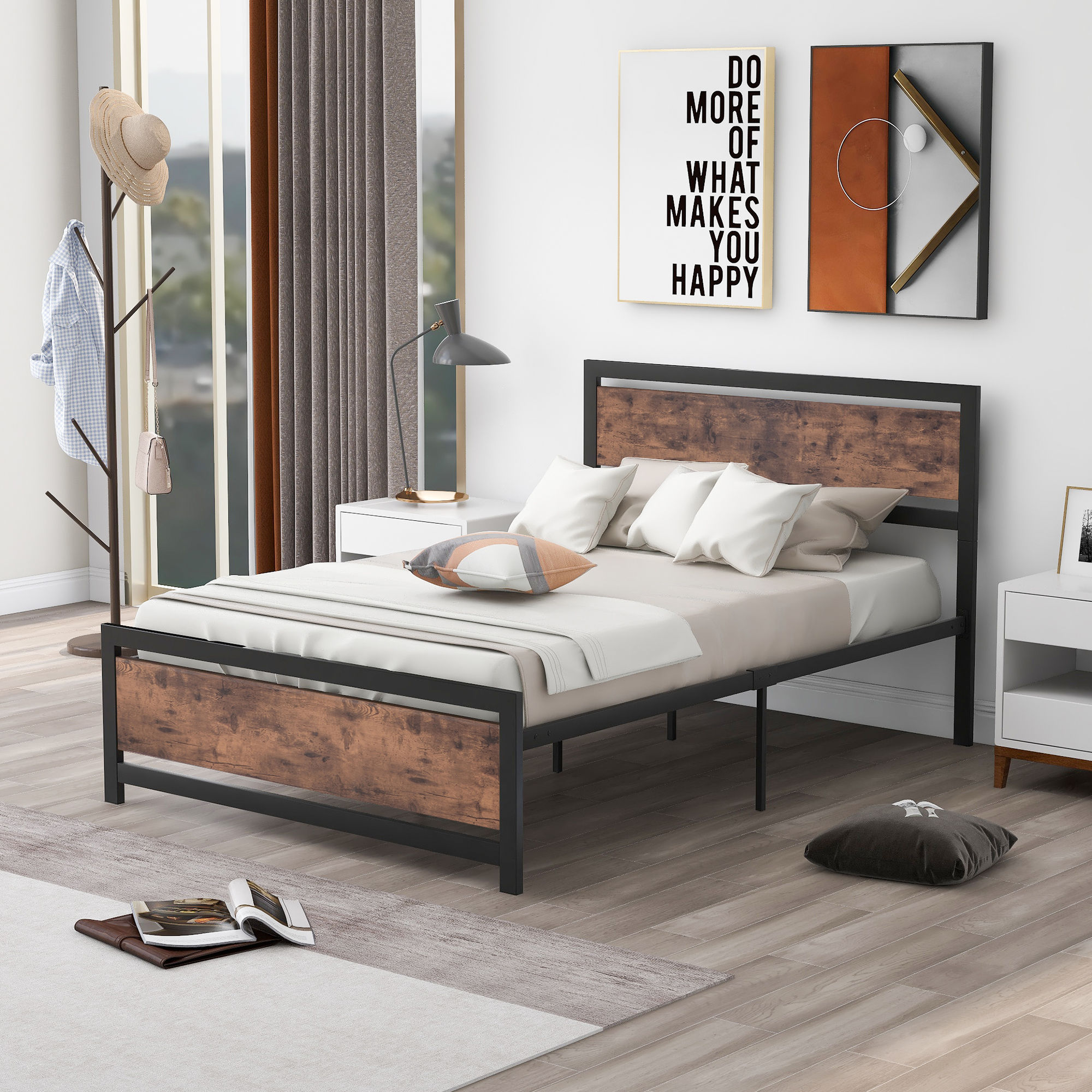 Metal and Wood Bed Frame with Headboard and Footboard ,Full Size Platform Bed ,N