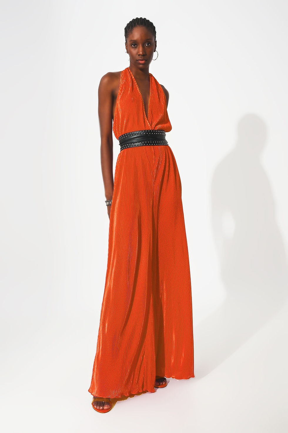 Miniature : Satin Halter Neck Pleated Maxi Trendy Jumpsuit in Orange