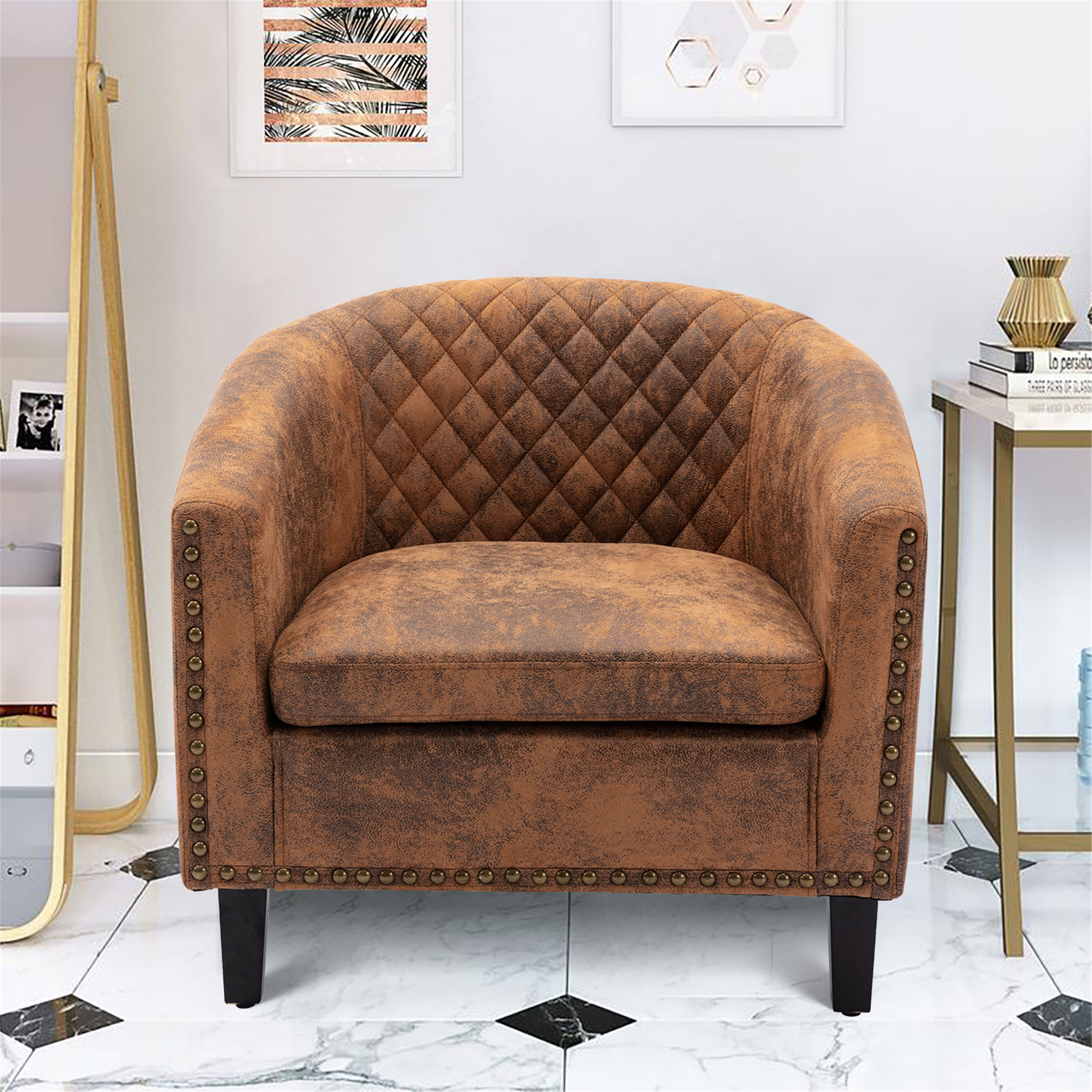 Accent Barrel chair living room chair with nailheads and solid wood legs Light