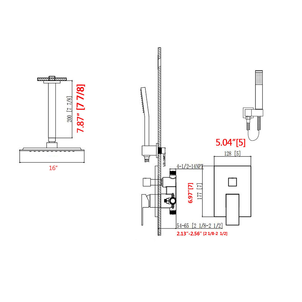 Миниатюра: Ceiling Mounted Shower System Combo Set with 16 Inches Square Rain Shower Head, 
