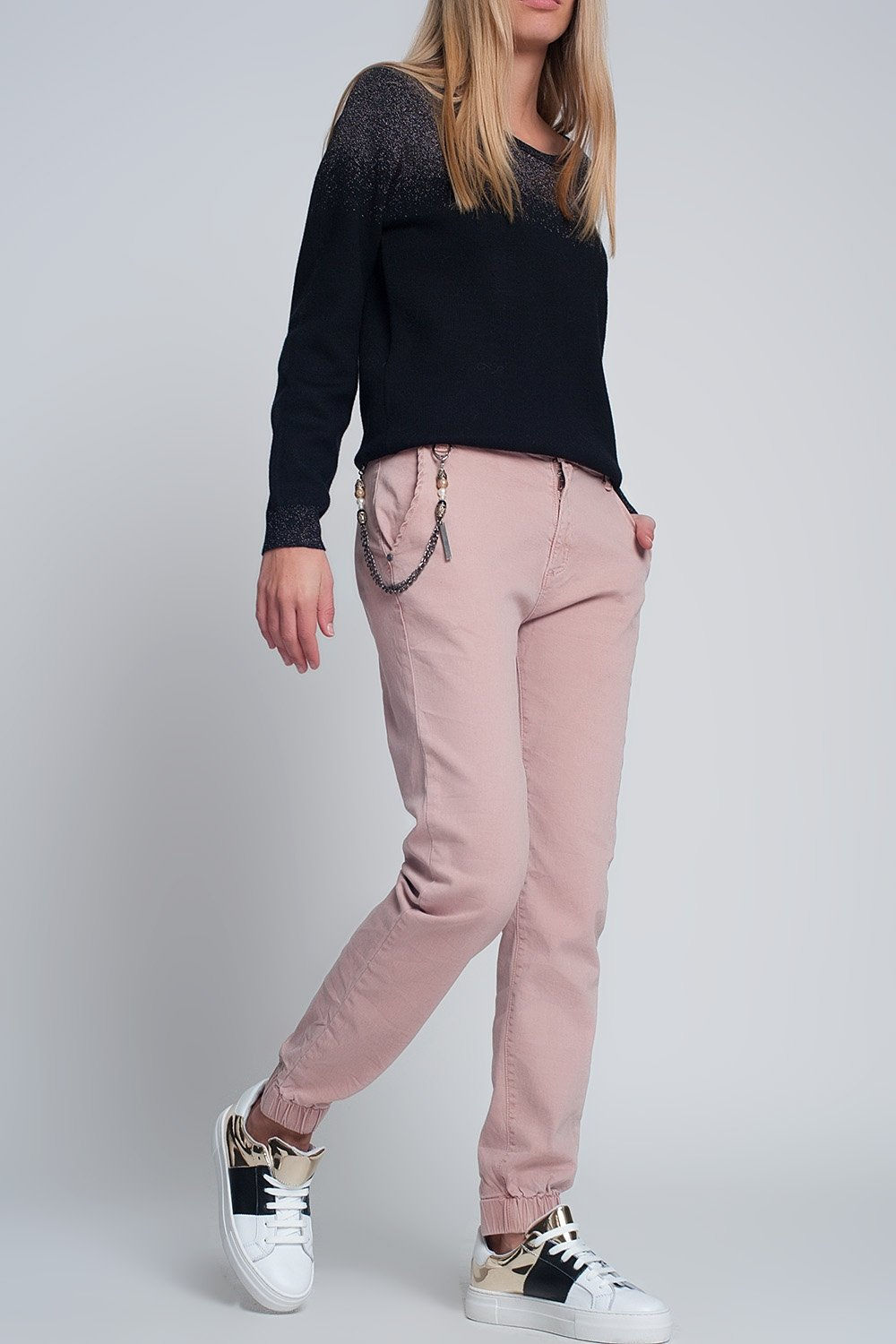 Trendy Pants: Cuffed Utility Pants With Chain in Pink