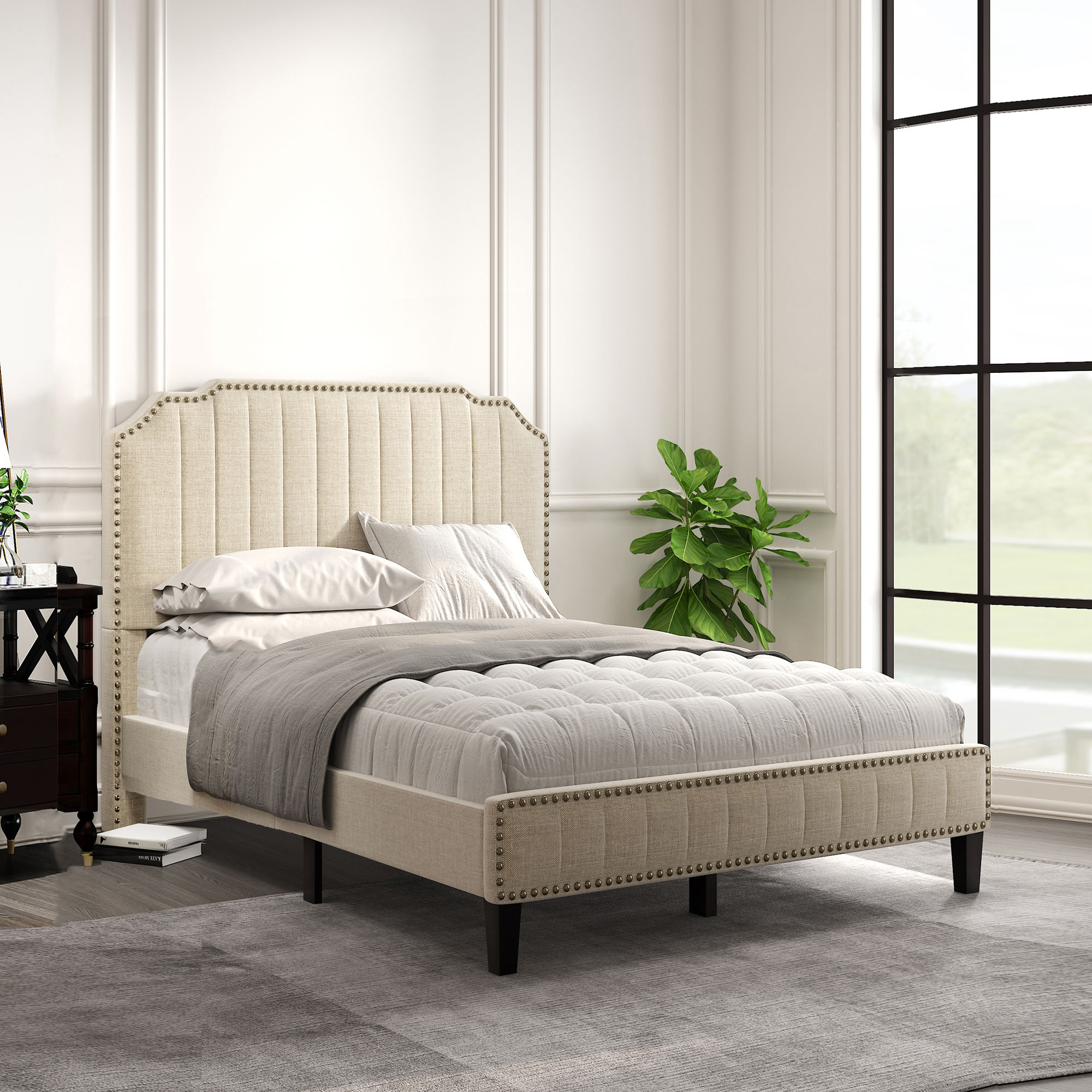 Modern Linen Curved Upholstered Platform Bed , Solid Wood Frame , Nailhead Trim