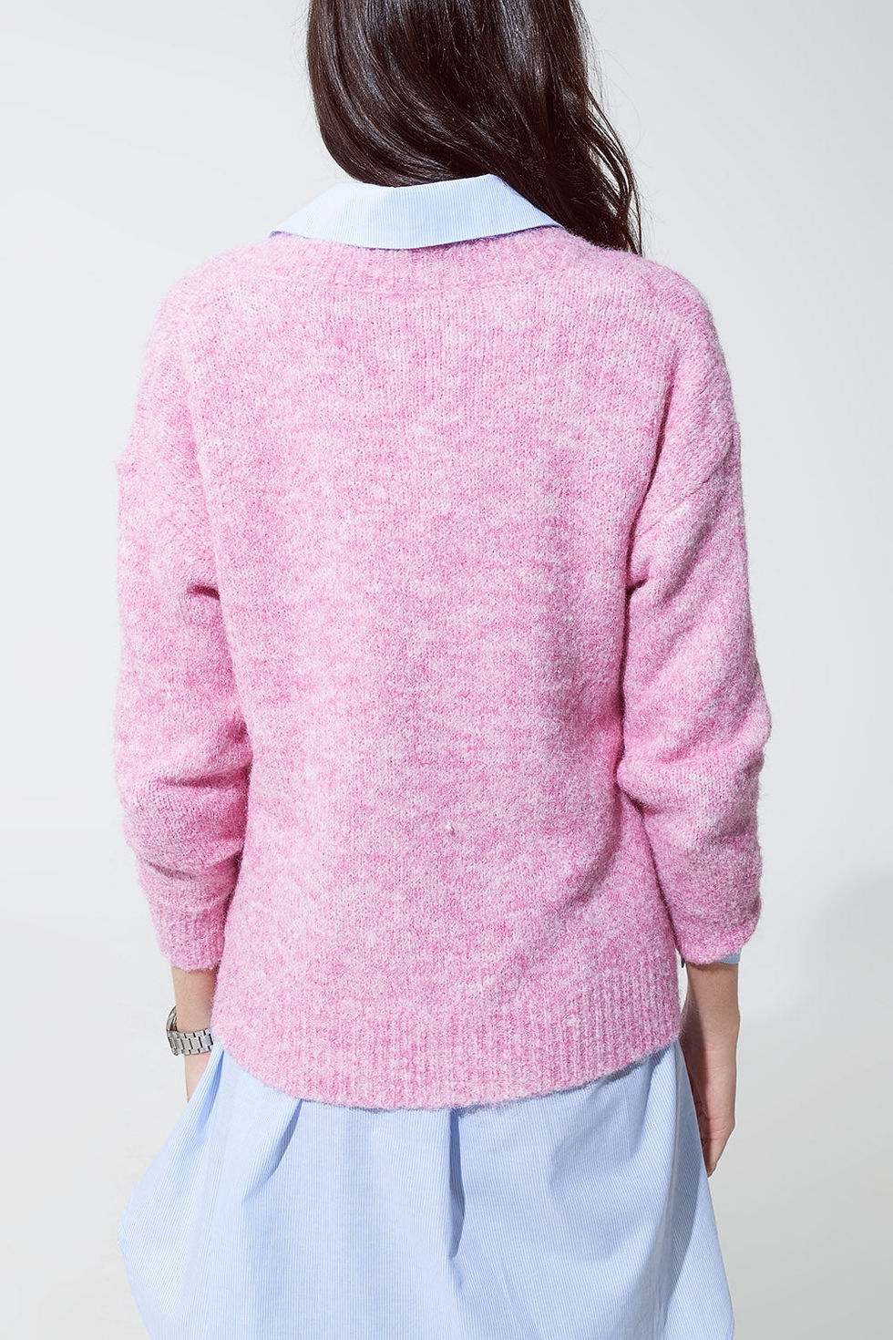 Thumbnail: 👚 Chic Sweater: Pink Fluffy Knit, v Neck