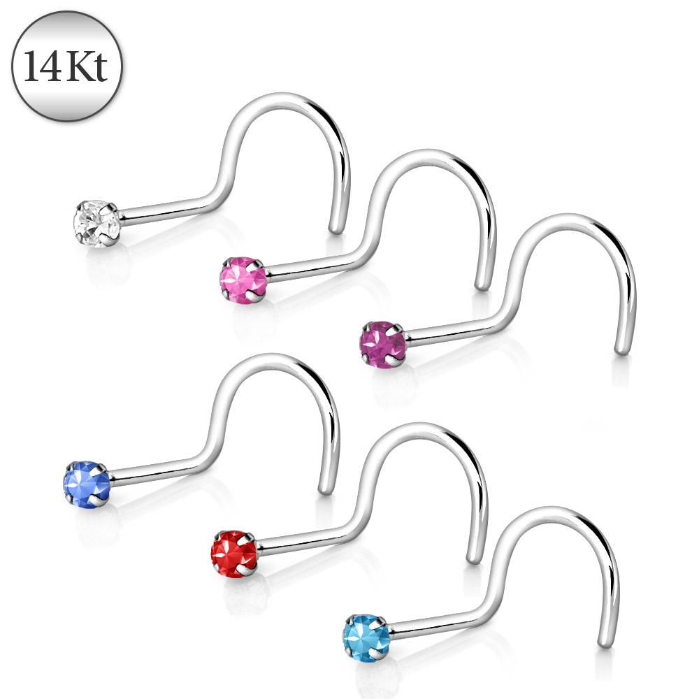 14Kt White Gold Screw Nose Ring With Prong Setting Gem * Jewelry
