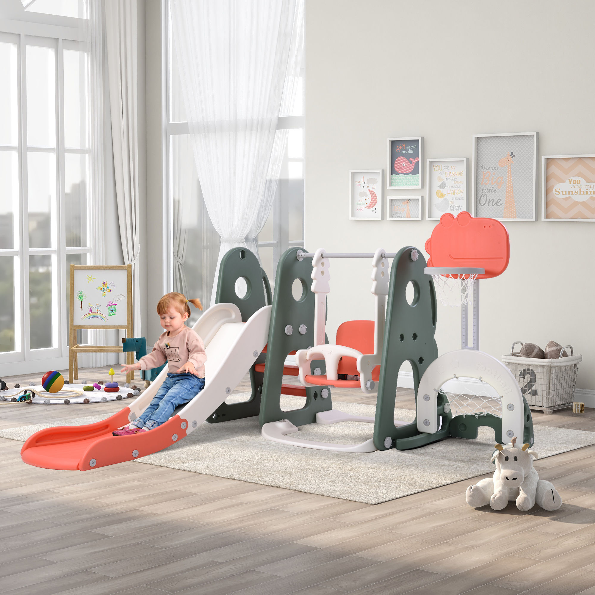 6 in 1 Toddler Slide and Swing Set with Basketball Hoop and Golf, Adjustable Swi