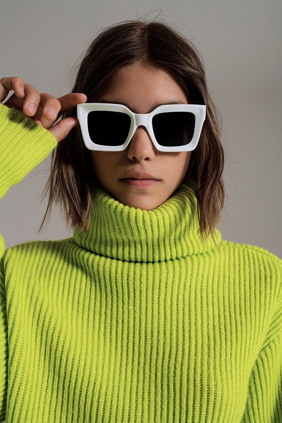 Thumbnail: Green Ribbed Knit Turtleneck Jumper With Balloon Sleeves