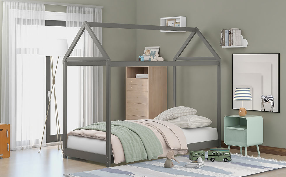 Miniature : Twin Size Wooden House Bed, Gray(New)