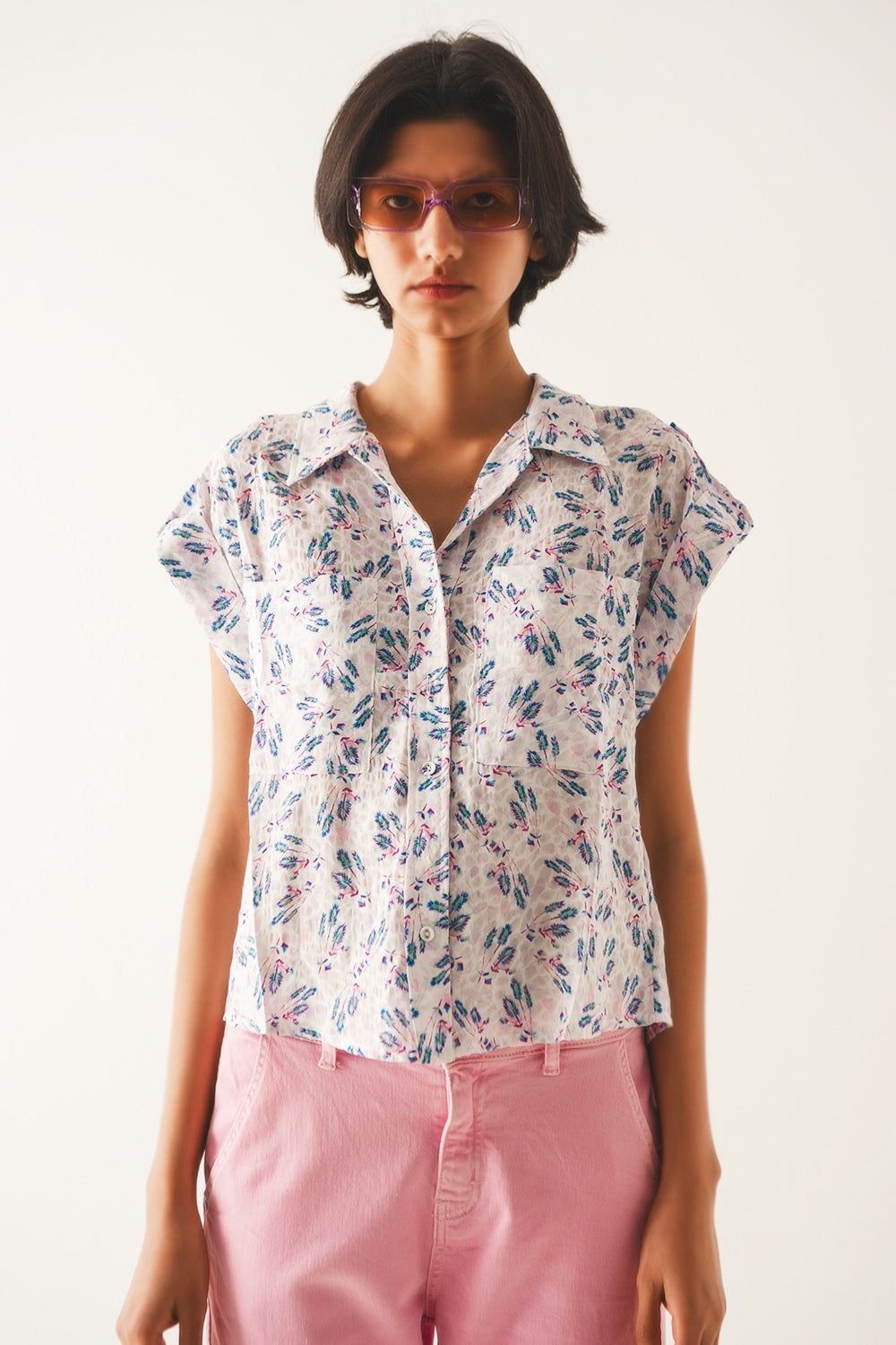 Purple Trendy Blouse With Pockets and Floral Print