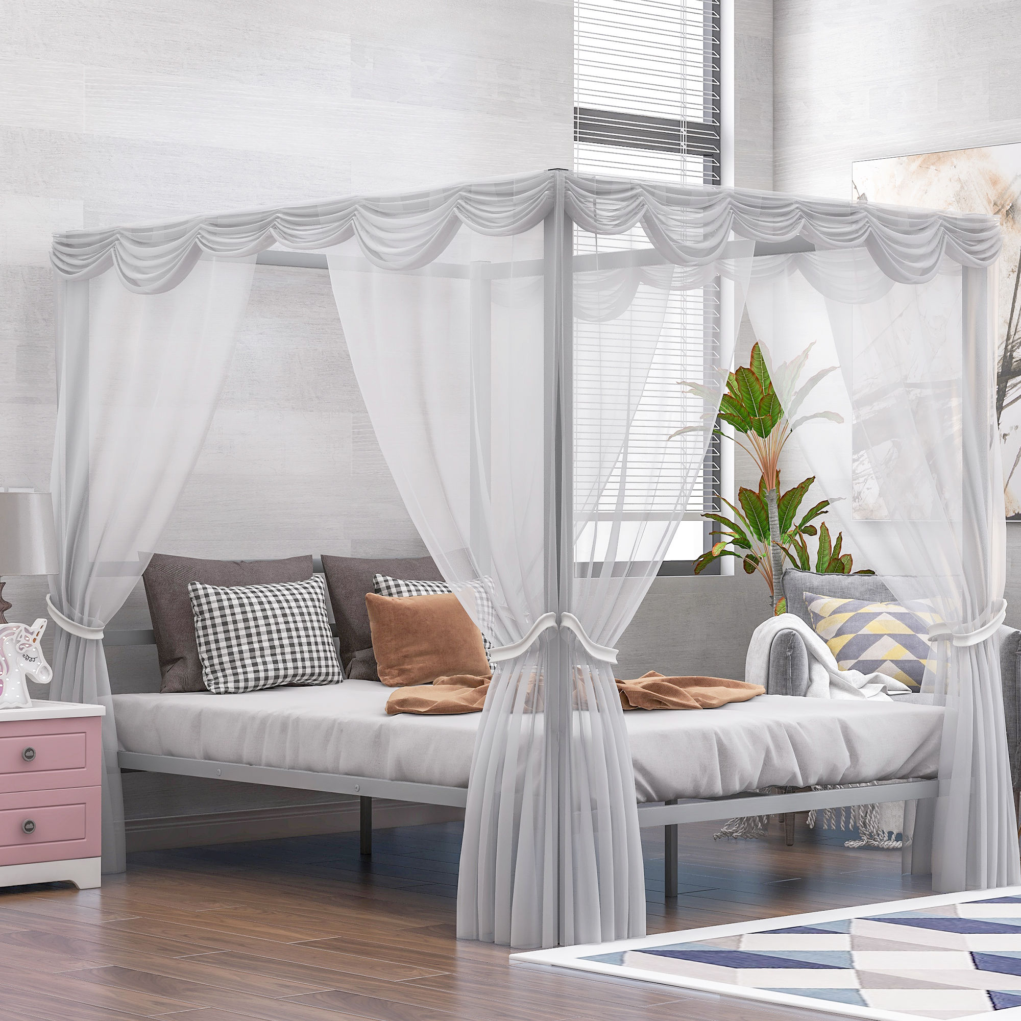 Metal Framed Canopy Platform Bed with Built-in Headboard,No Box Spring Needed, C