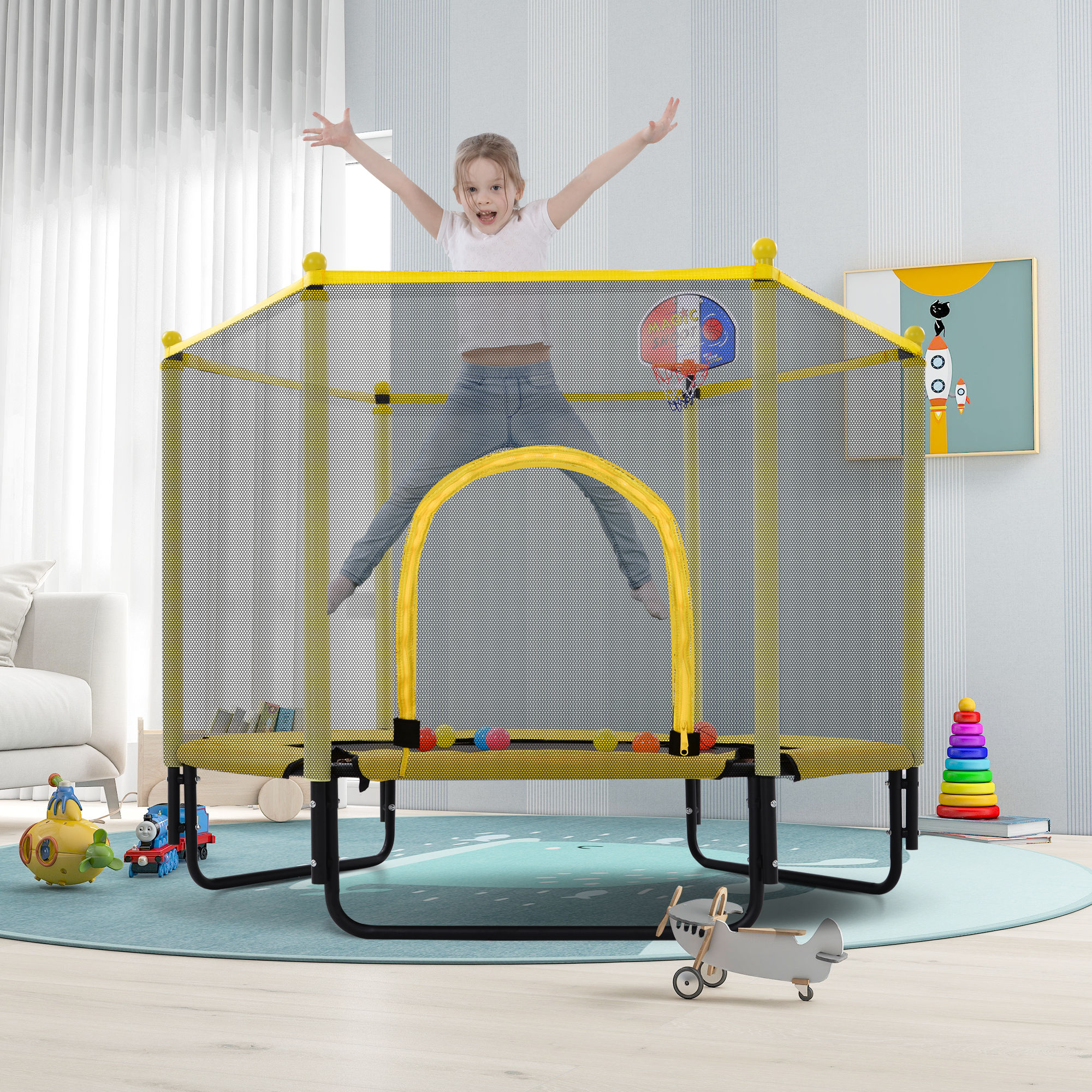 5FT Trampoline with Safety Enclosure Net, Outdoor Indoor Mini Toddler Trampolin