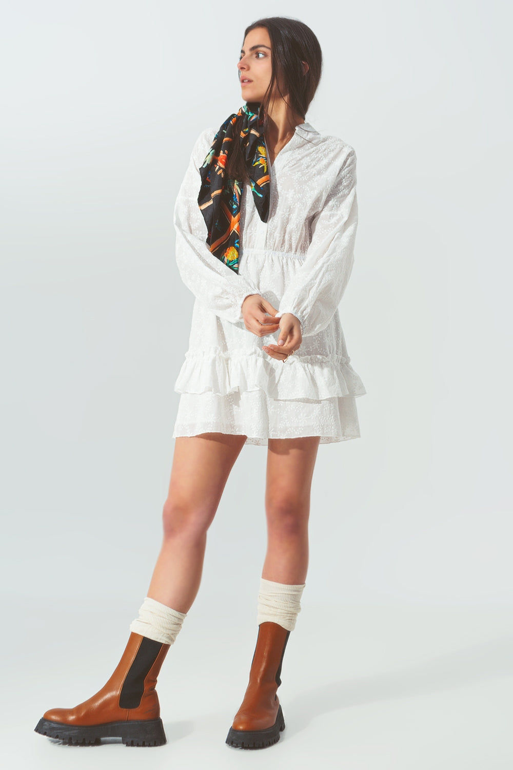 Broderie Mini Trendy Dress With Ruffles in White
