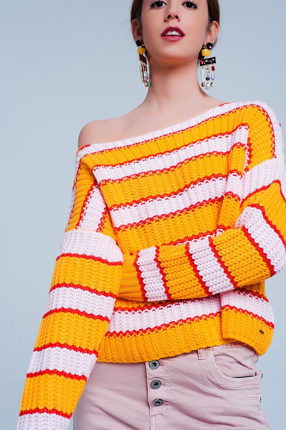Miniature : Orange and Pink Color Block Stripe Sweater