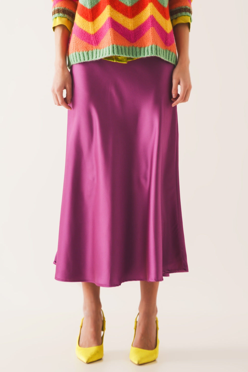 Fuchsia Satin Midi Skirt