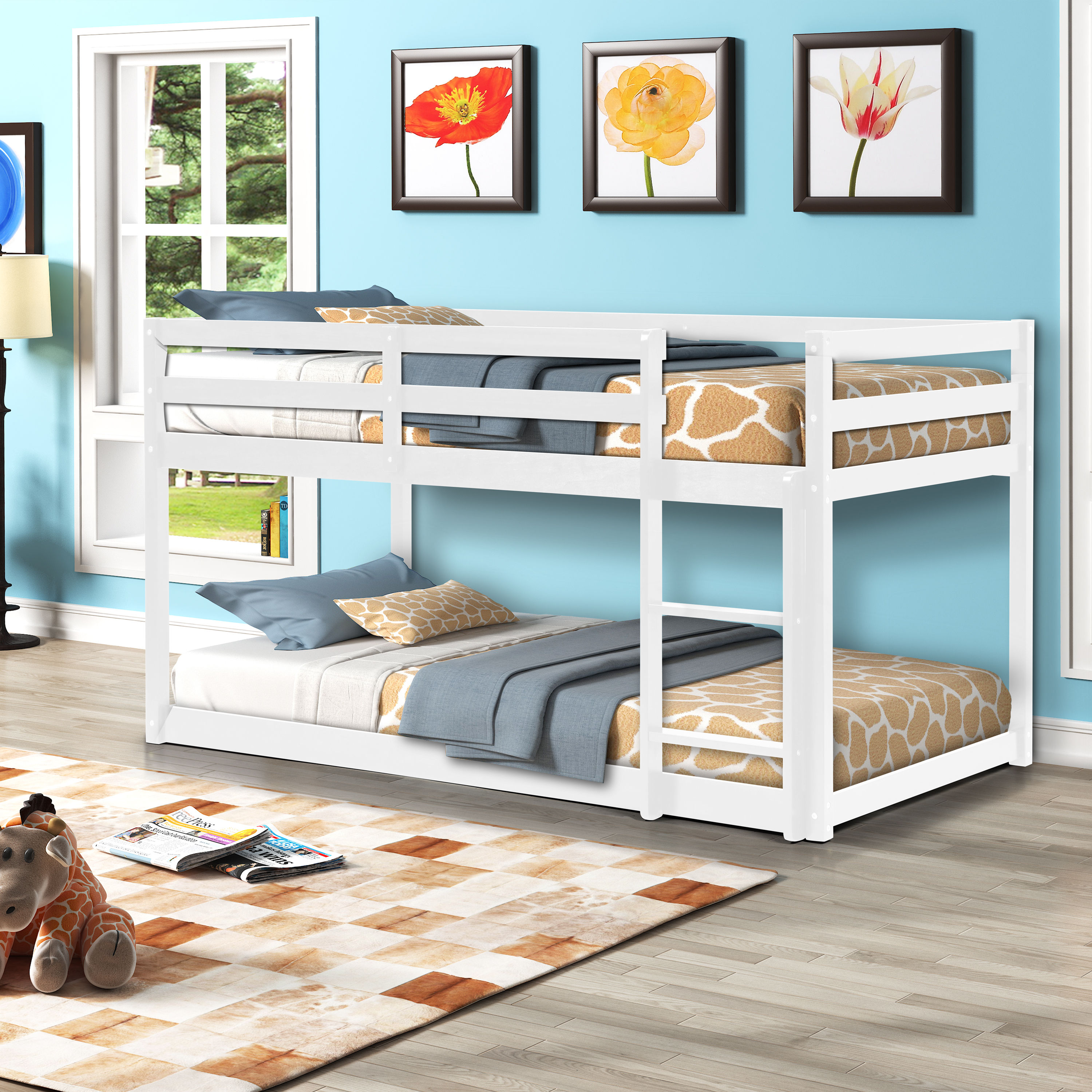 Twin over Twin Floor Bunk Bed, White