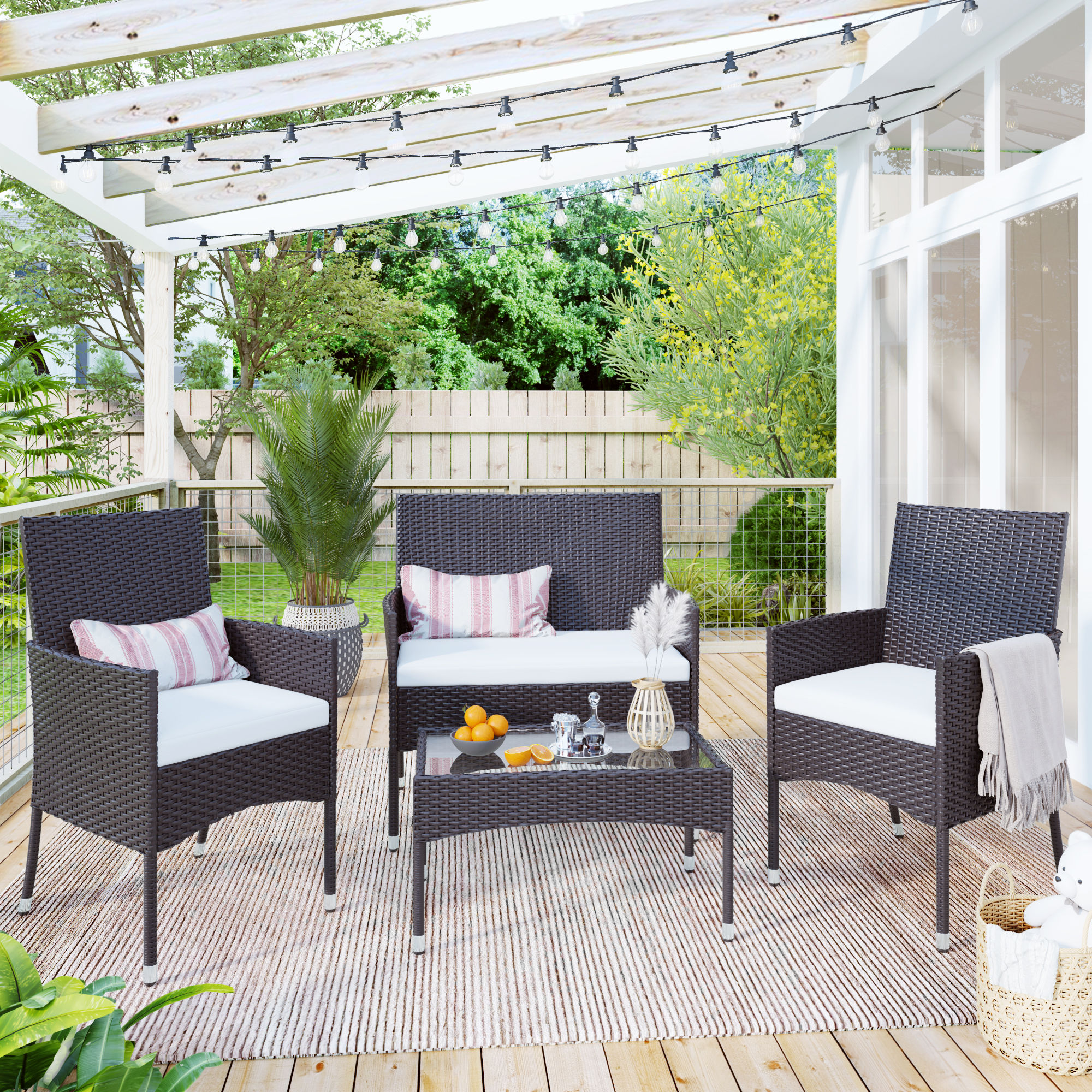4 Pieces Outdoor Rattan Patio Furniture Set, Cushioned Seat Wicker Sofa, Brown
