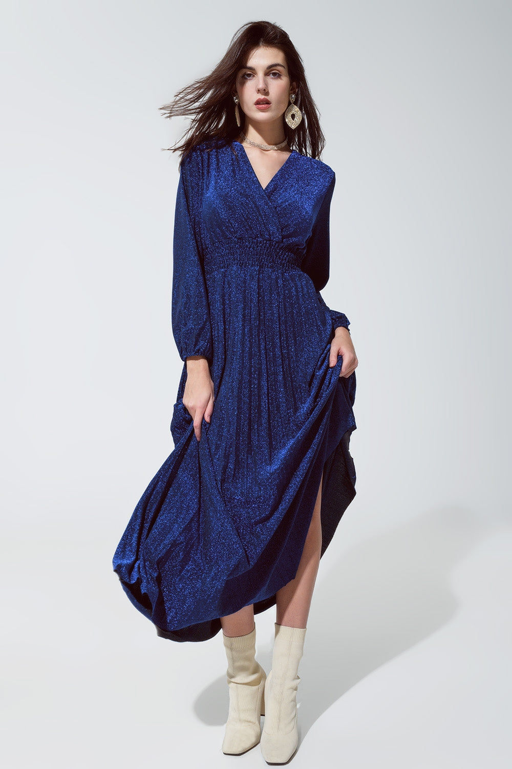 👗 Blue Shiny Fitted High Waist Maxi Trendy Dress With v Neck