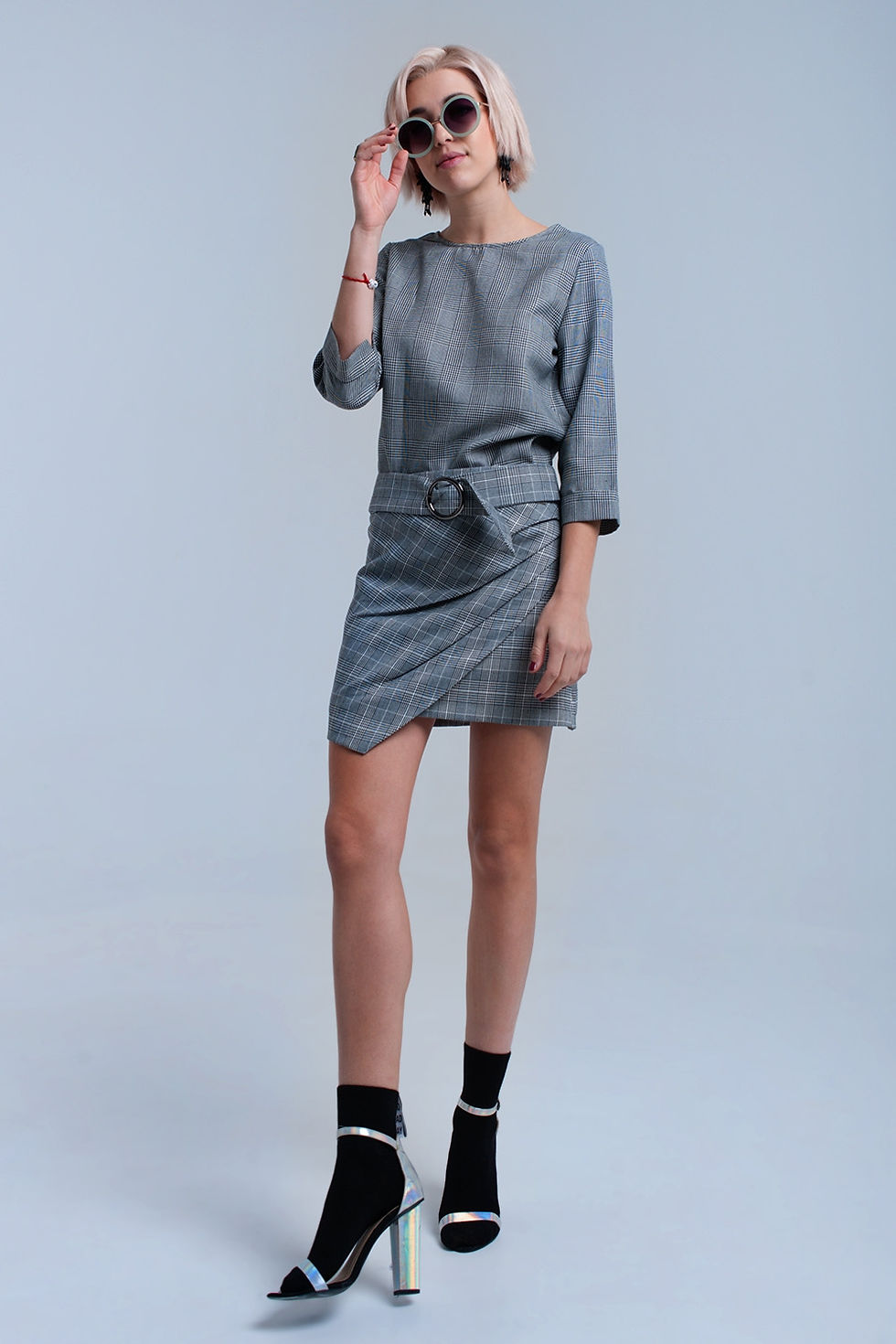 Miniature : Gray Tartan Pattern Top With Ribbons