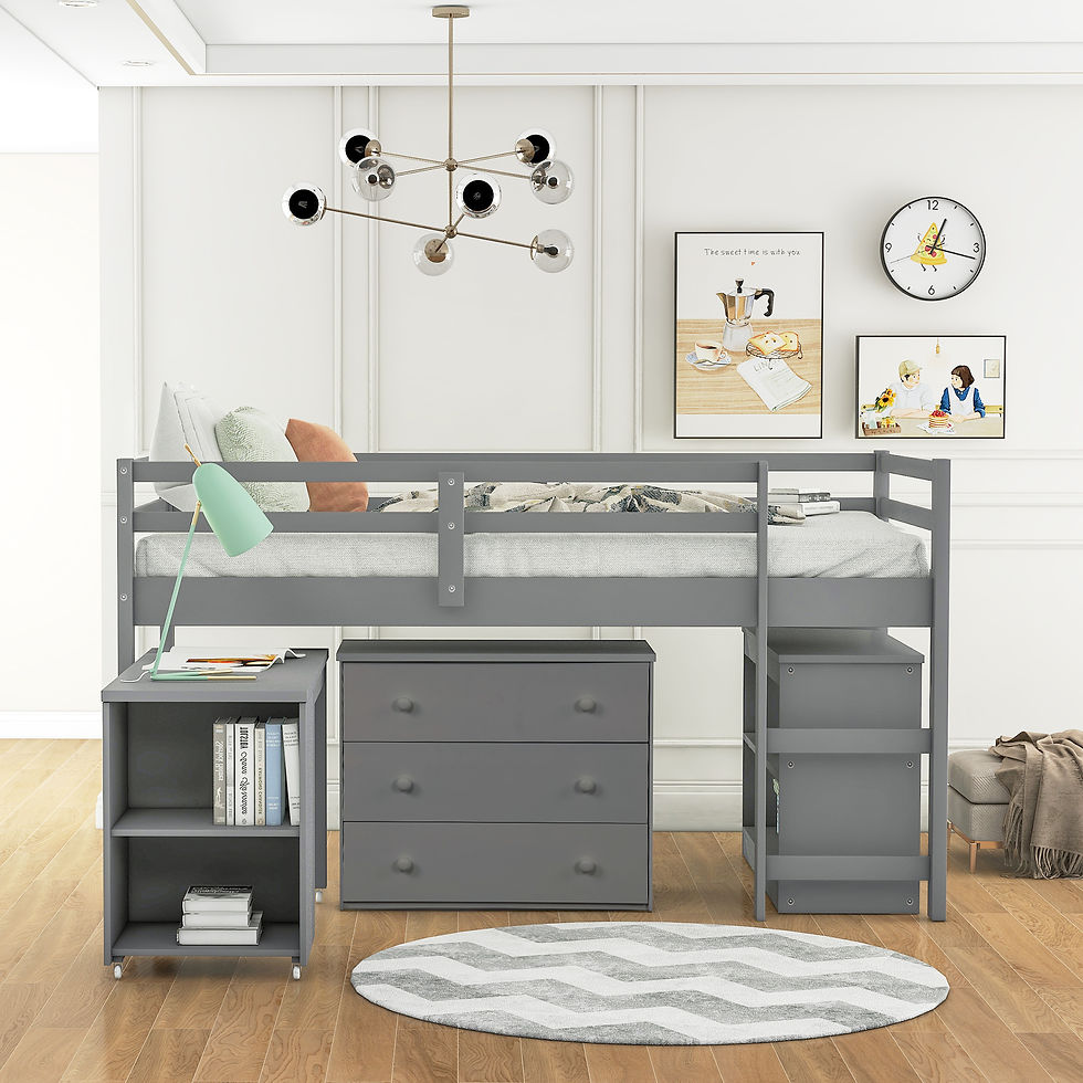 Thumbnail: Low Study Twin Loft Bed with Cabinet and Rolling Portable Desk - Gray (Old SKU: 