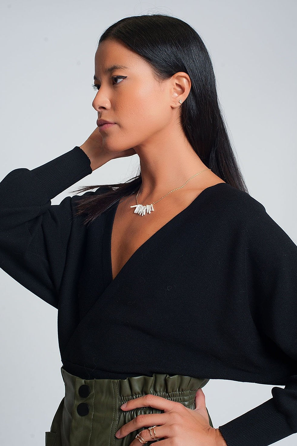 Miniature : Knitted Trendy Sweater With Wrapped V-Neck in Black