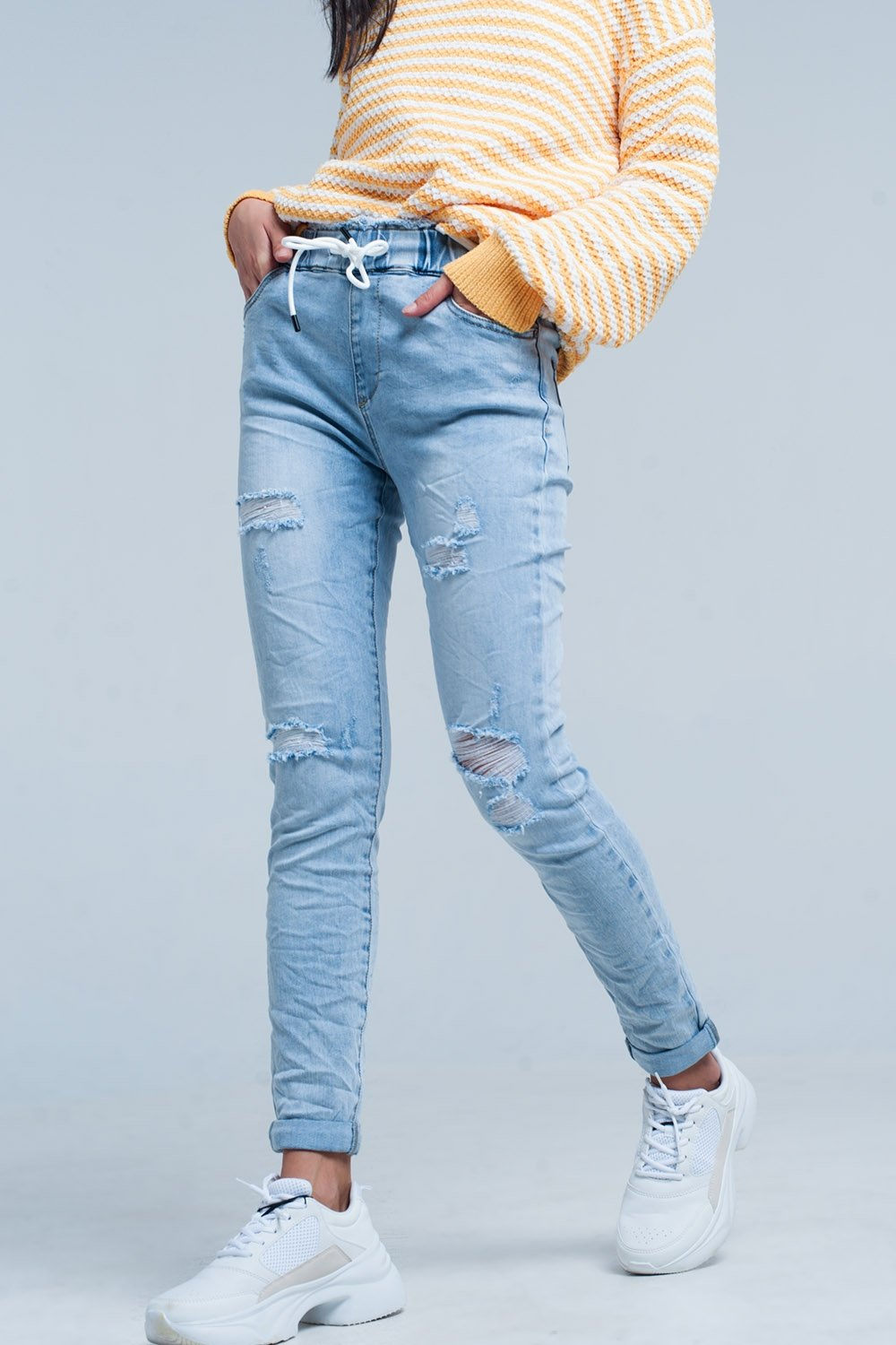Trendy Jeans: Light Wash Jogger With Drawstring Waistband @ jy1.org Fashion