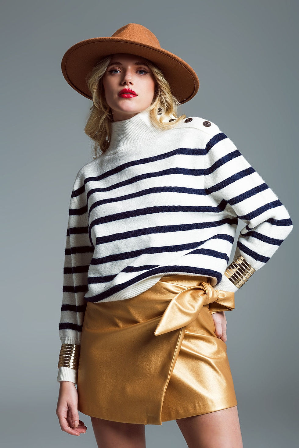 Thumbnail: White and Navy Marine Style Sweater with Turtle Neck and Button Detail.