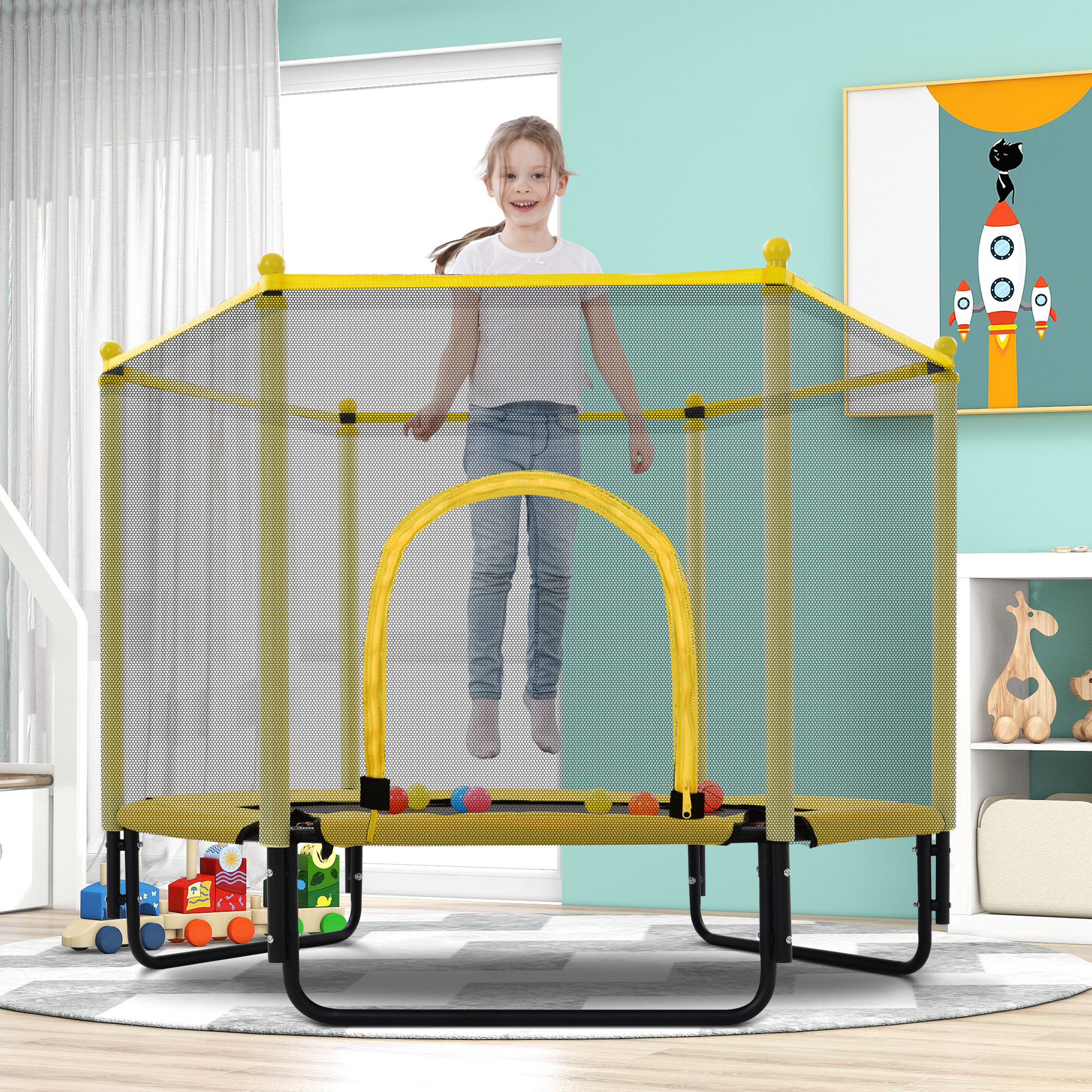 5FT Trampoline with Safety Enclosure Net, Outdoor Indoor Mini Toddler Trampolin