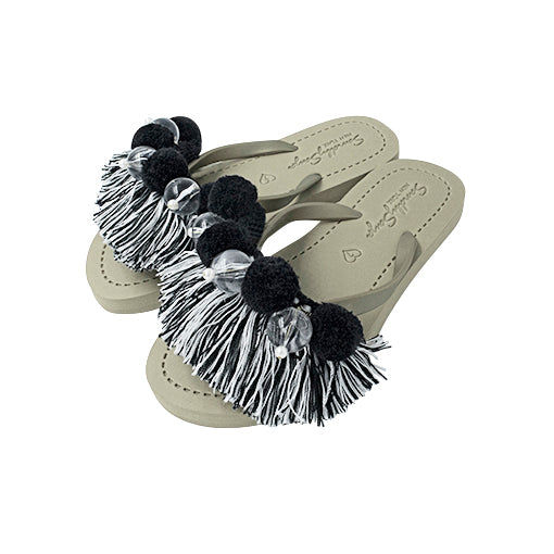 Thumbnail: Black Pom Pom Tassel - Flat Flip Flops Sandal