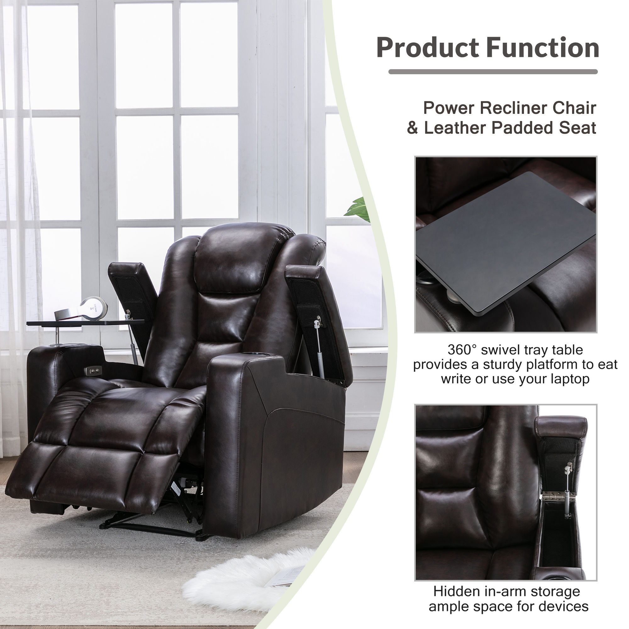 Orisfur. Power Motion Recliner with USB Charging Port and 360 Swivel Tray Table