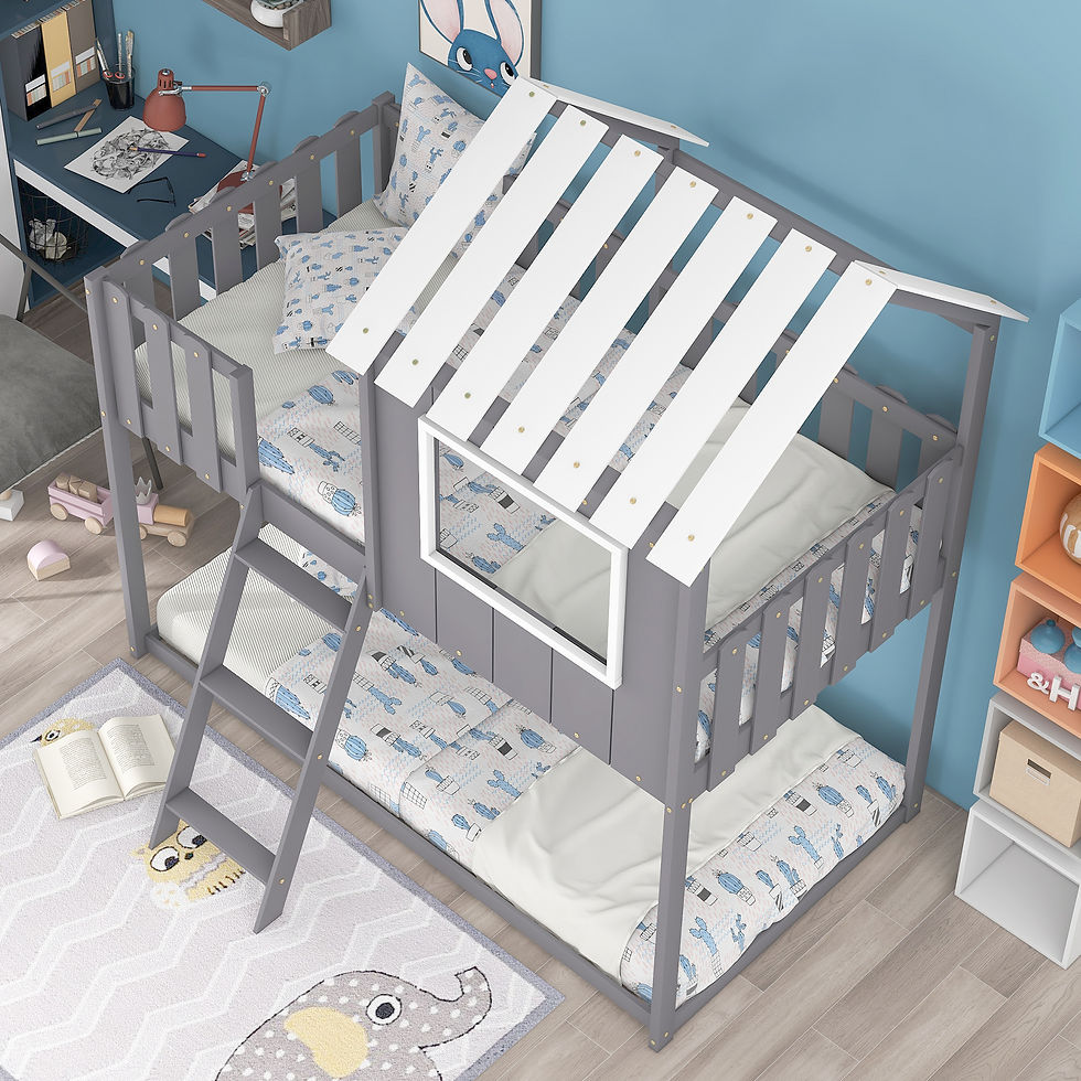 الصورة المصغرة: Bunk House Bed with Rustic Fence-Shaped Guardrail, Gray