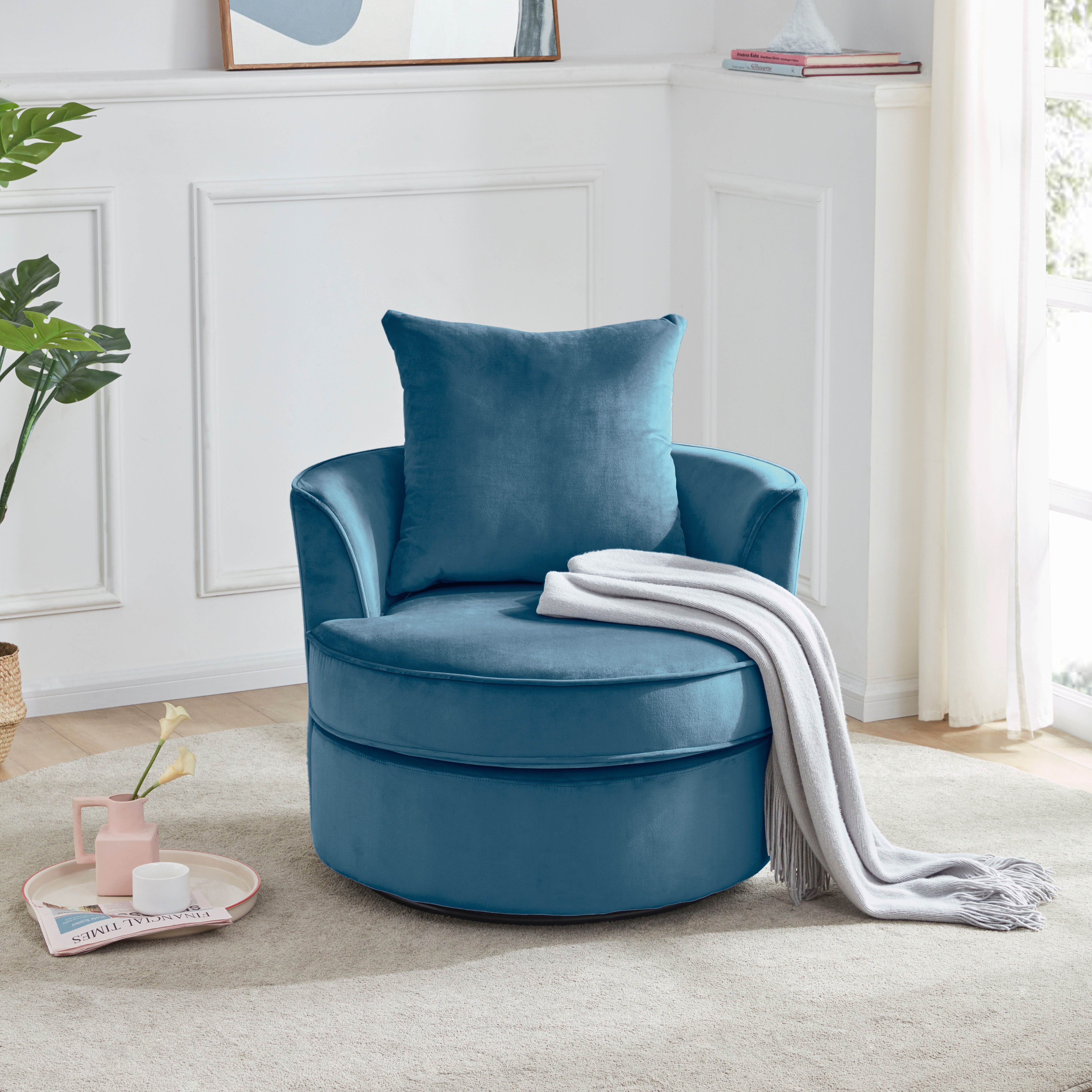 360° Swivel Barrel Chair with Movable Pillow Backrest, Modern Velvet Leisure Ch