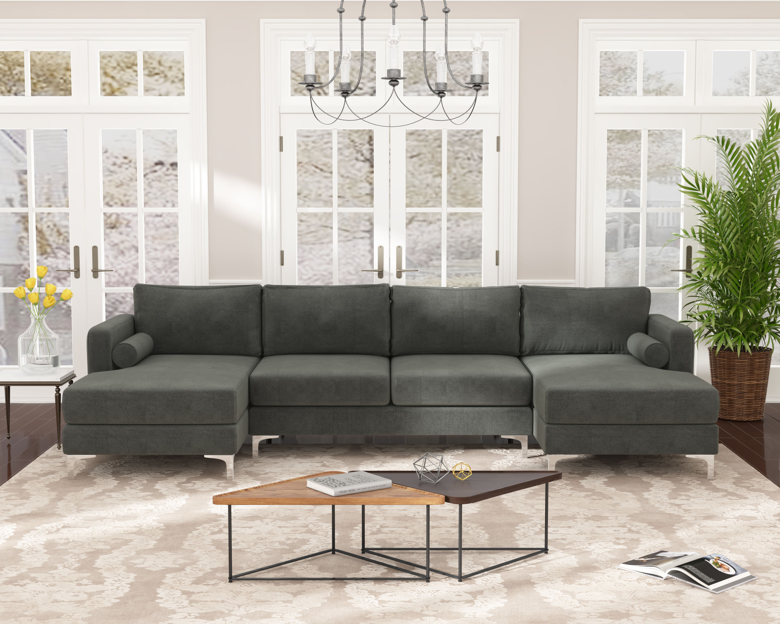 Sectional Sofa with Two Pillows, U-Shape Upholstered Couch with Modern Elegant V