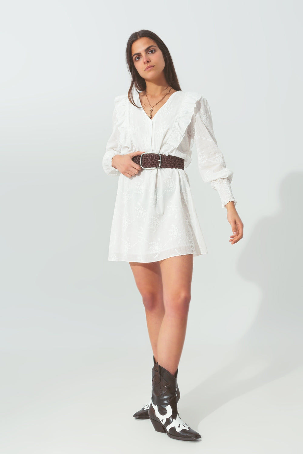 Floral Ruffle Mini Trendy Dress in White