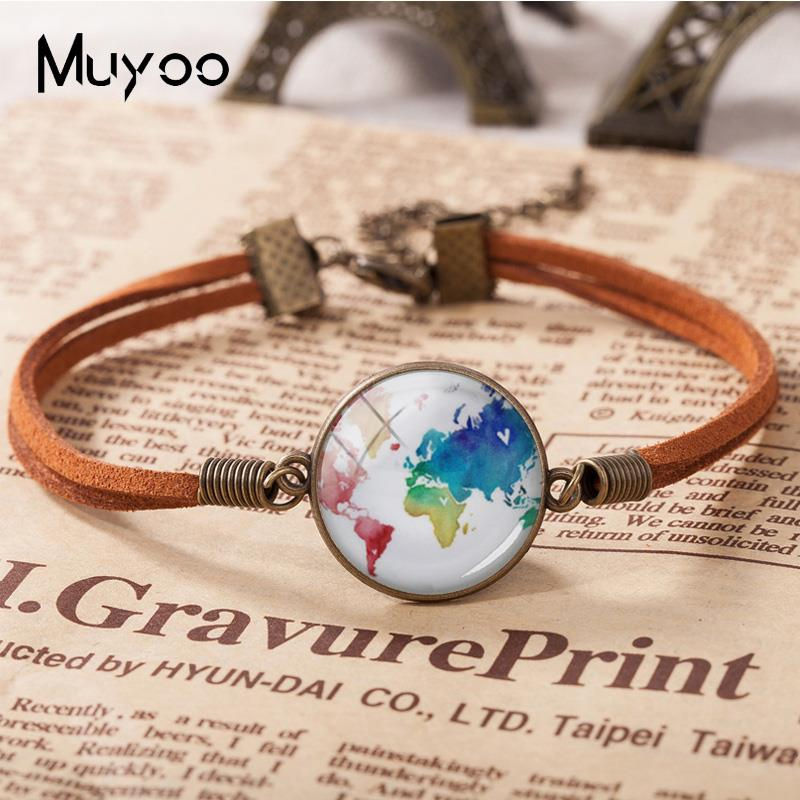 Thumbnail: Handmade World Map Bracelets - New Vintage Globe Leather Bracelet