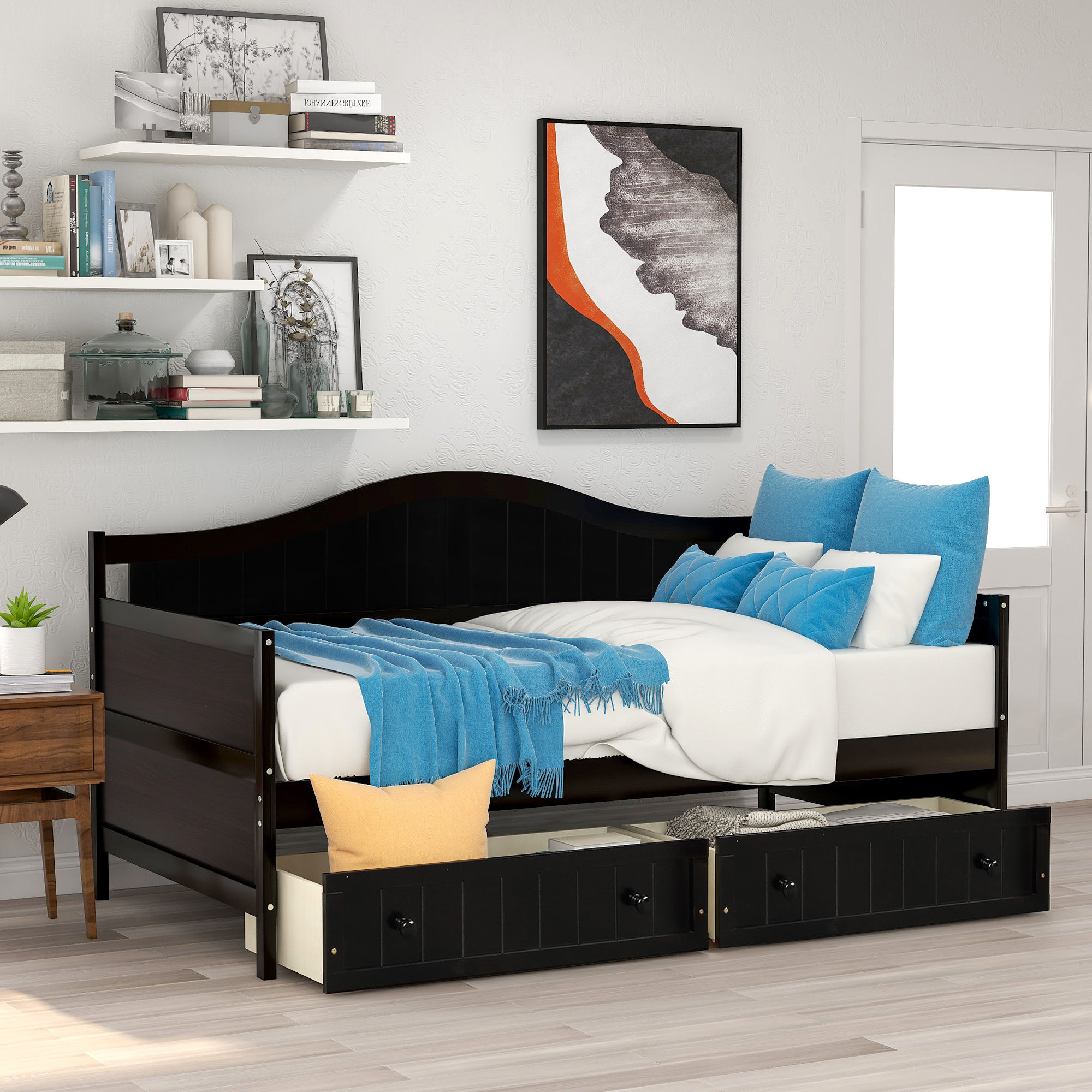 Twin Wooden Daybed with 2 drawers,Sofa Bed for Bedroom Living Room,No Box Spring