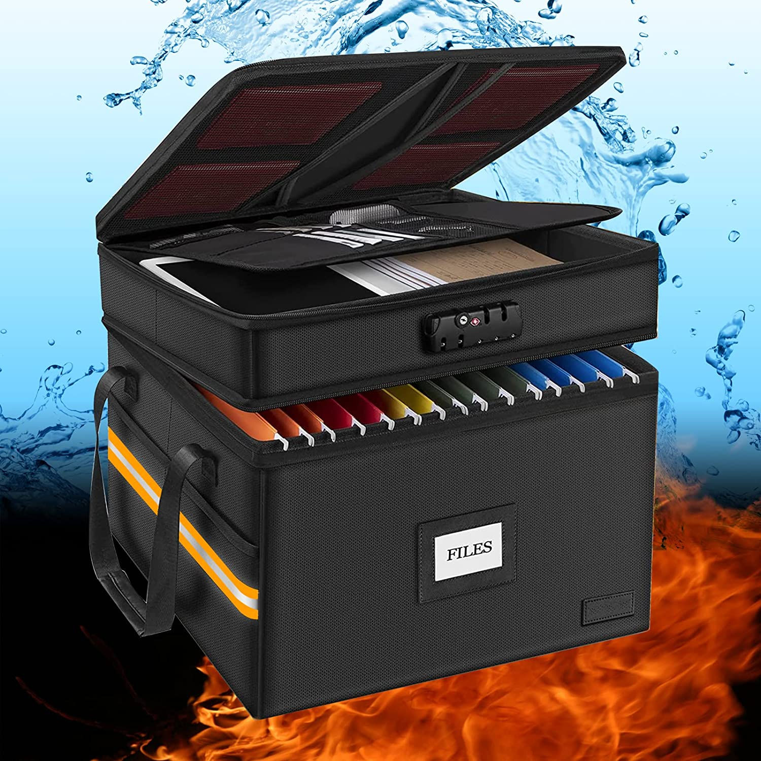 Fireproof Document Box with Lock, Portable Water-resistant File Organizer