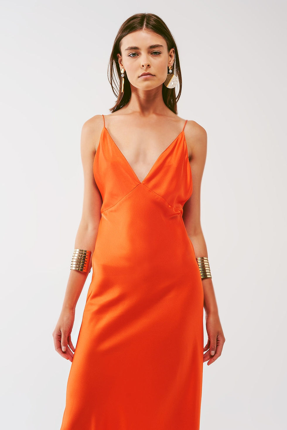 Thumbnail: Satin Maxi Trendy Dress With Spaghetti Straps in Orange