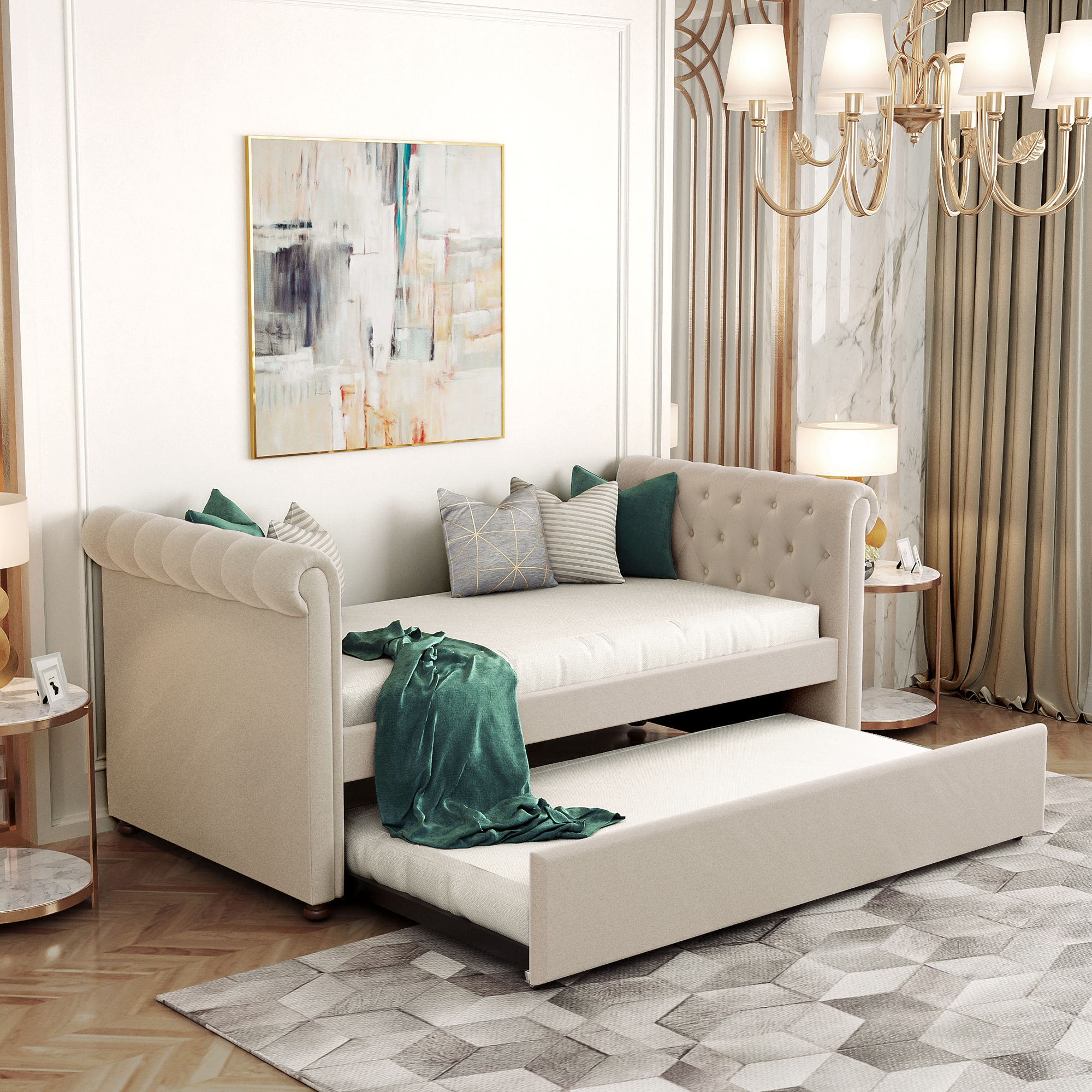 Twin Size Upholstered daybed with Trundle, Wood Slat Support, Beige