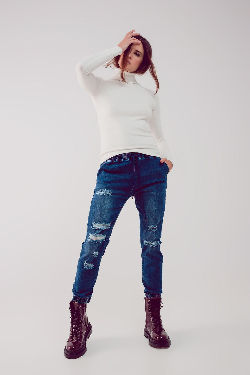 Thumbnail: Fine Knit High Neck Jumper in Cream