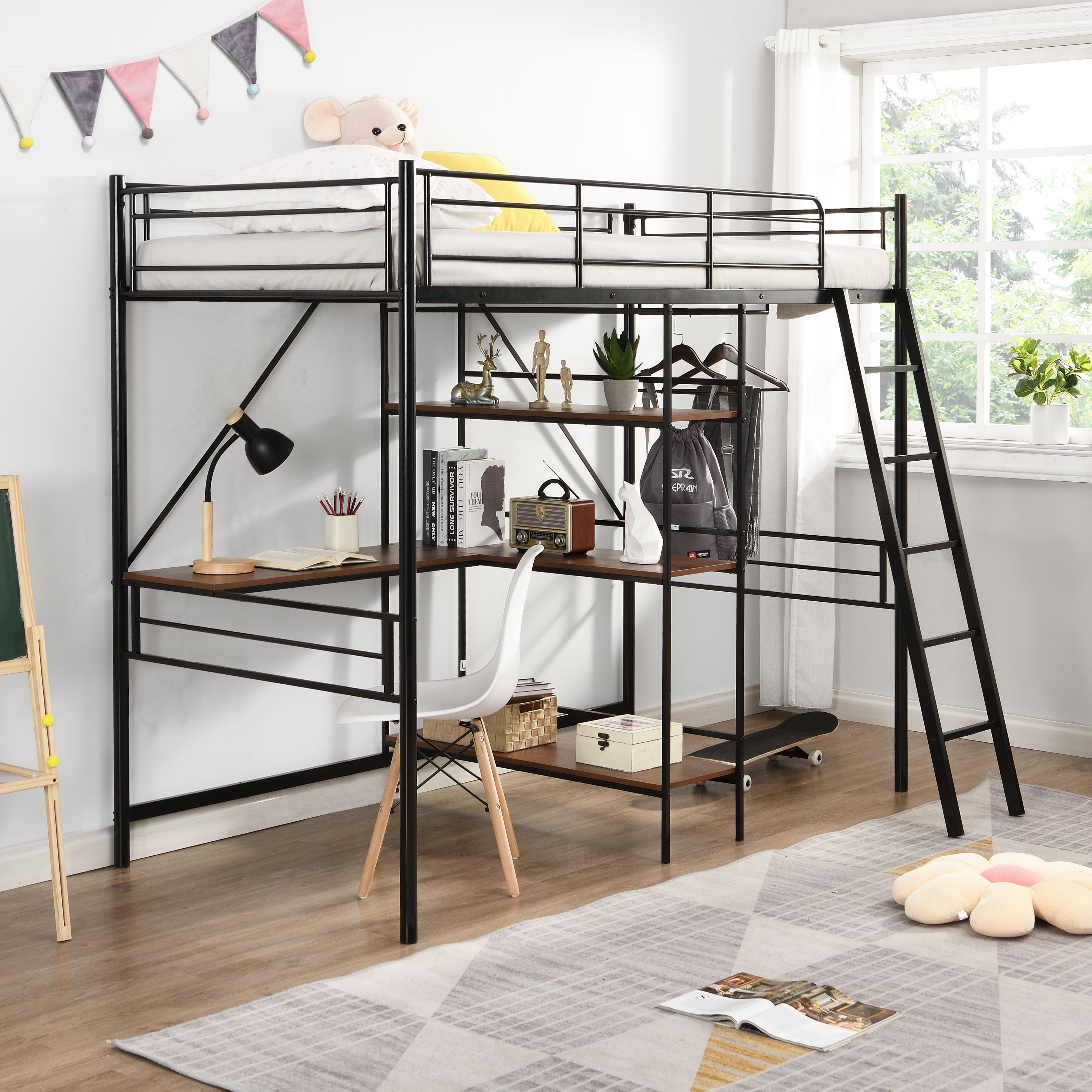 Metal Loft Bed with Built-in-Desk and Three-tier Shelves,Twin,Black(Expected arr
