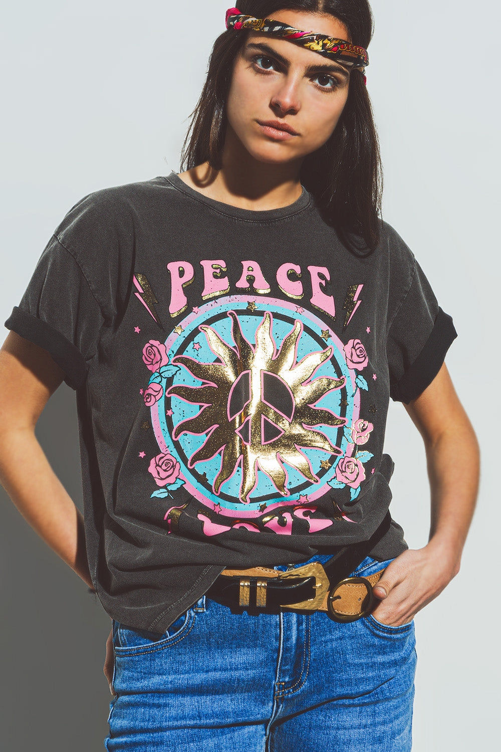 Dark Grey Peace and Love Front T-Shirt