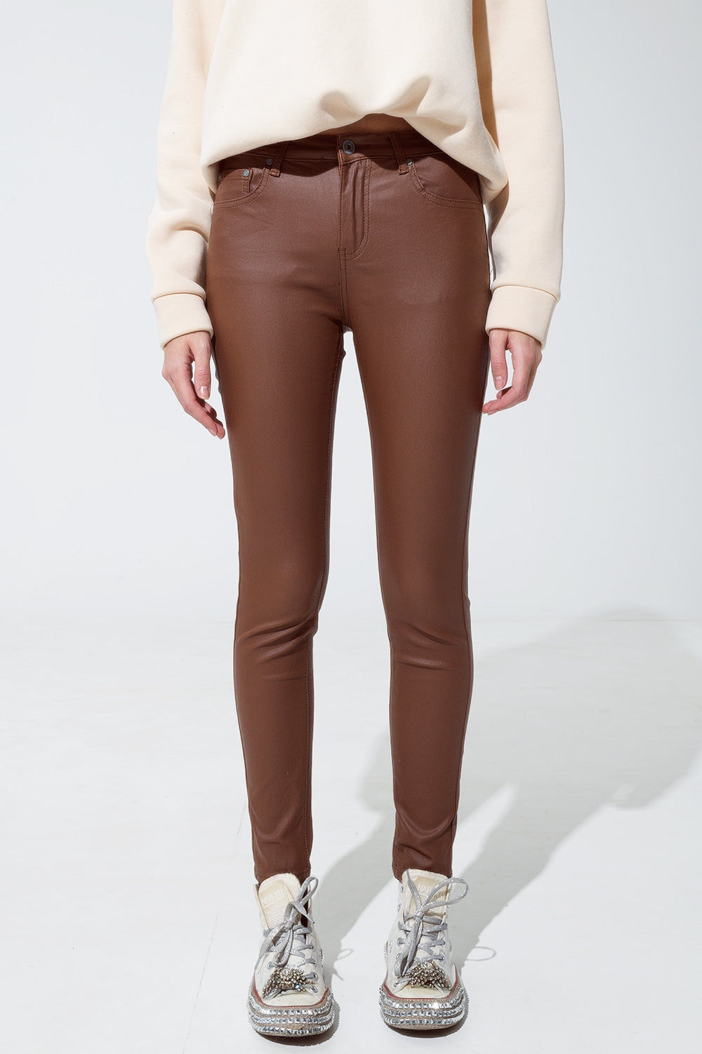 Leatherette Effect Super Skinny Pants in Light Brown