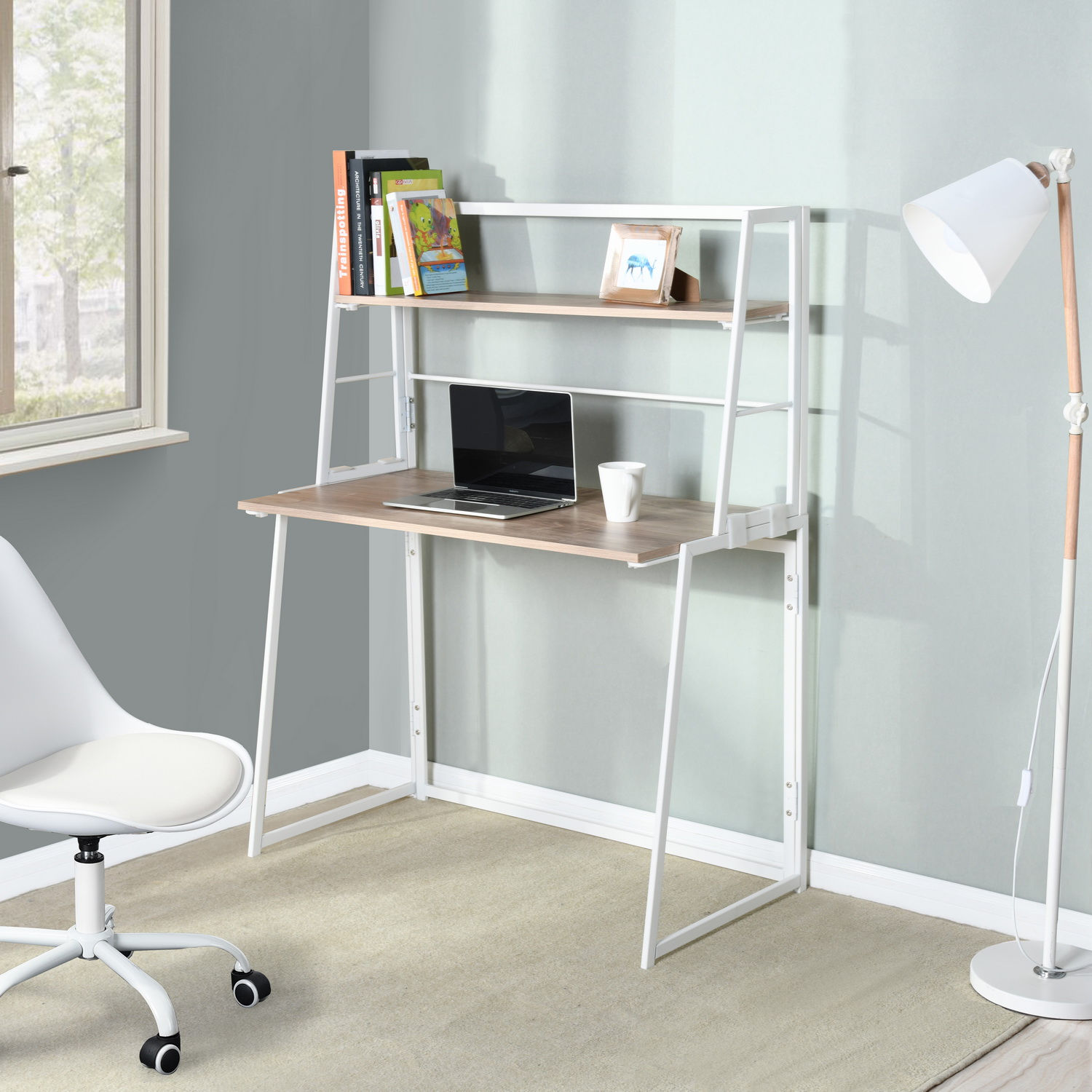 39.4& Folding Computer Desk with Bookshelves, Small Writing Desk Easy Assembly S