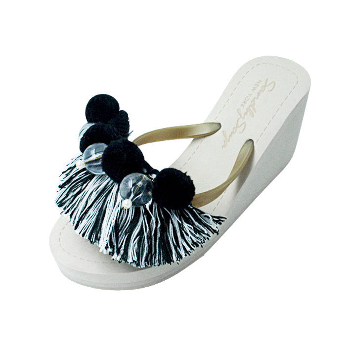 Thumbnail: 👡 Black Pom Pom Tassel- Women's High Wedge