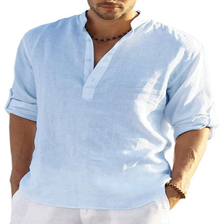 Thumbnail: Men's Casual Cotton Linen Solid Color Long Sleeve Shirt - Loose Stand Collar