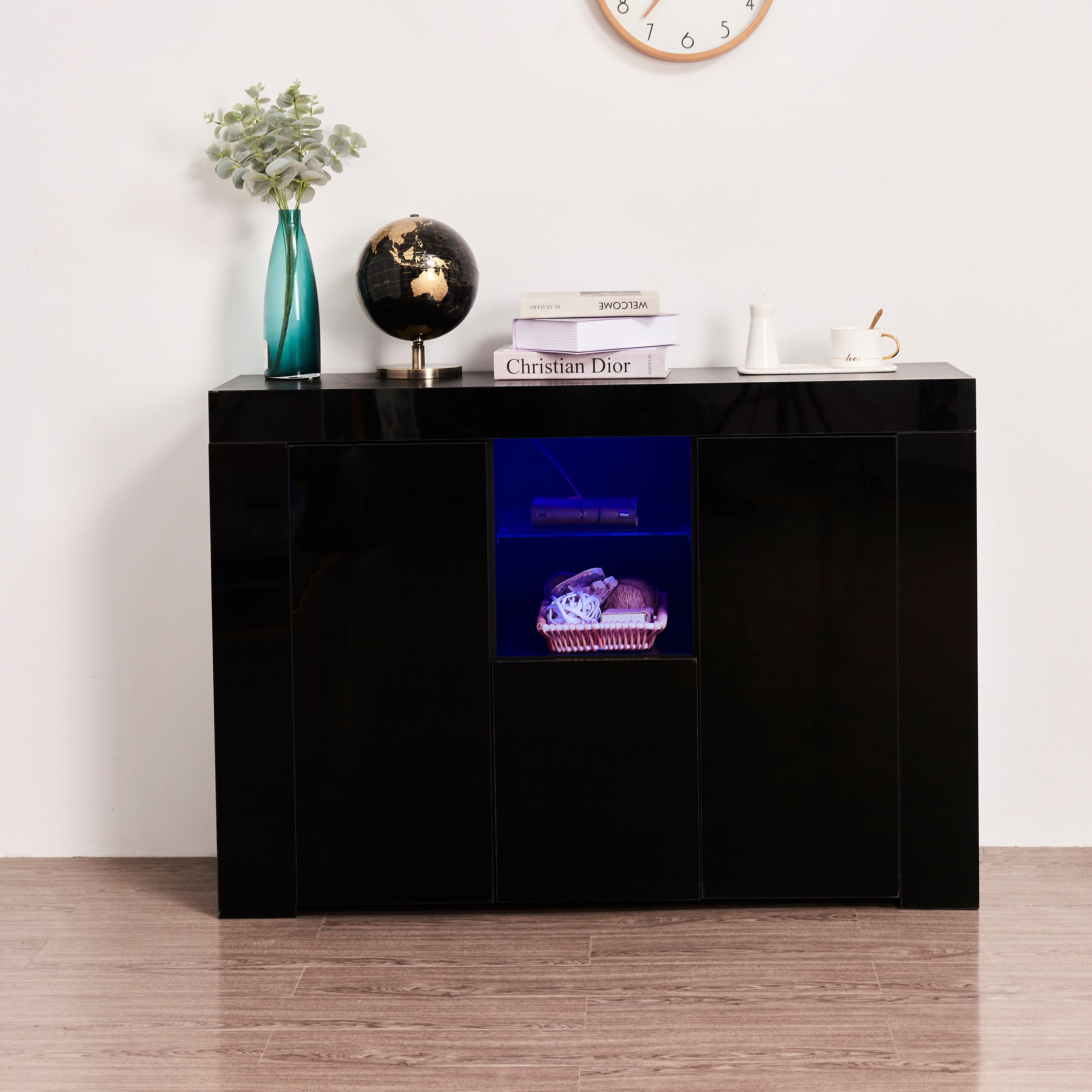 Kitchen Sideboard Cupboard with LED Light, Black High Gloss Dining Room Buffet S