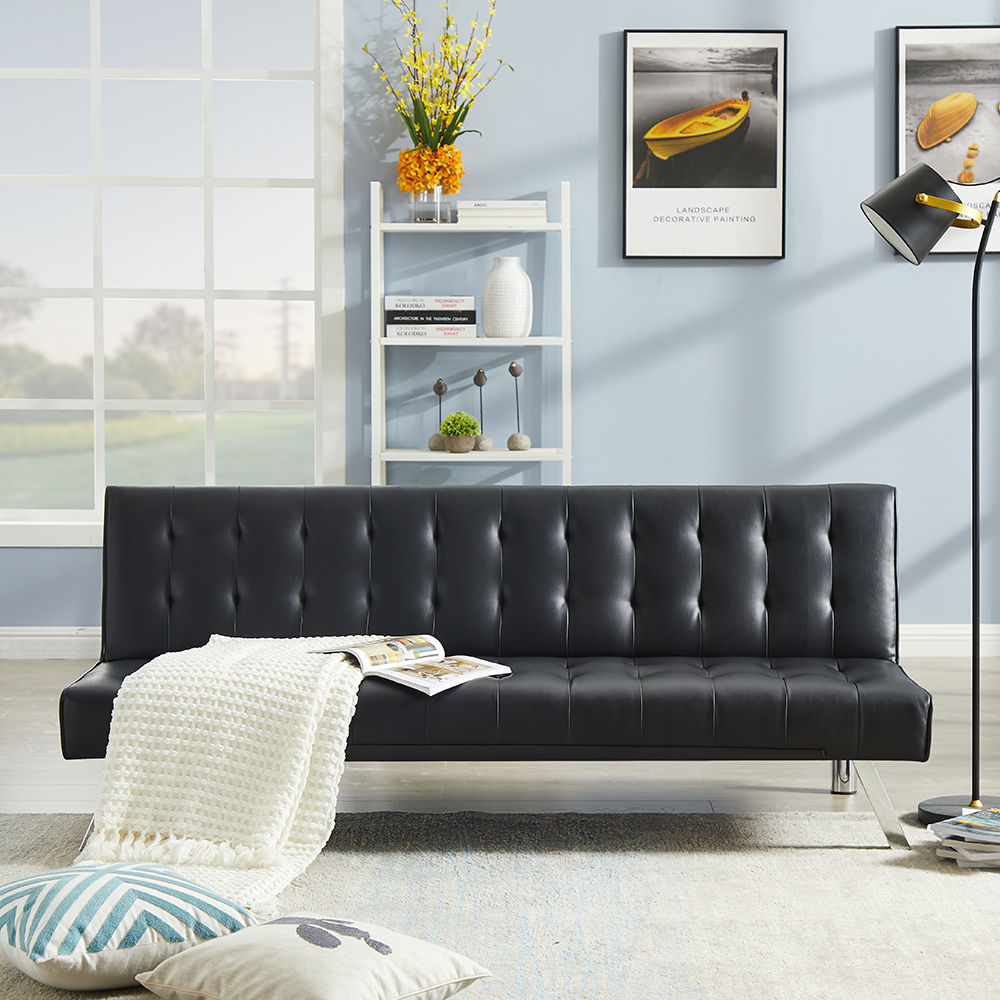 Black PU Sofa Bed , Modern Faux Leather Couch, Convertible Folding Sofa Bed .