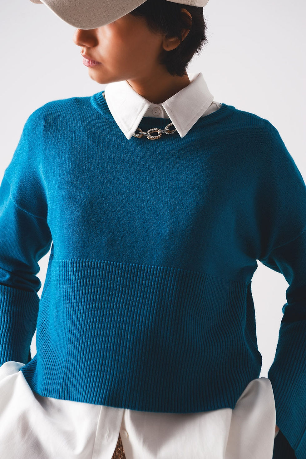 Thumbnail: Blue Ribbed Boat Neck Sweater - Fashionable